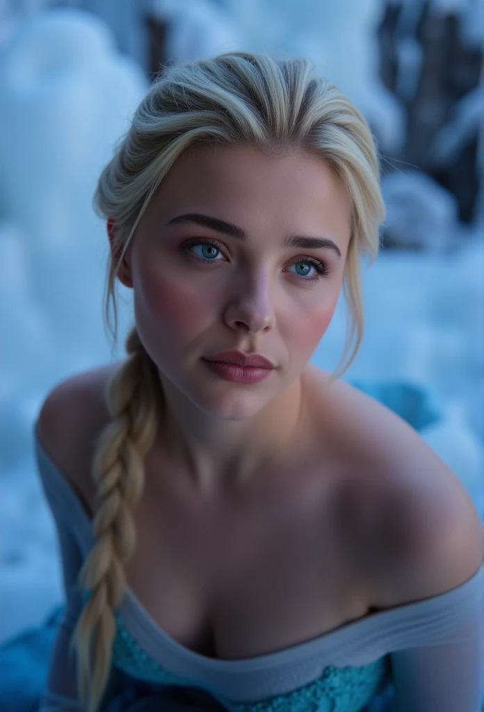 Elsa, (perky breasts), (((small breasts))), smirk:1.2, beautiful blue eyes, (perfect iris’s), depth of colour to her eyes, blonde hair, long hair, braid, full lips, blush, naked, she is showing her vagina, depth of field, bokeh, (special attention to skin detail: 1.2), masterpiece, best quality, ultra-detailed, ultra-HD, photorealistic, cinematic, ((mid camera shot)), sensual pose, alluring, nipples:1.4, looking up at camera, closeup on her face, her cheeks are blushed, 2, she is on her knees, eye contact:1.4, high angle:1.5, ((closeup on face)), perfect face, (((visible breasts))) bokeh everything other than her perfect face, location is Arendelle in winter, ice castle