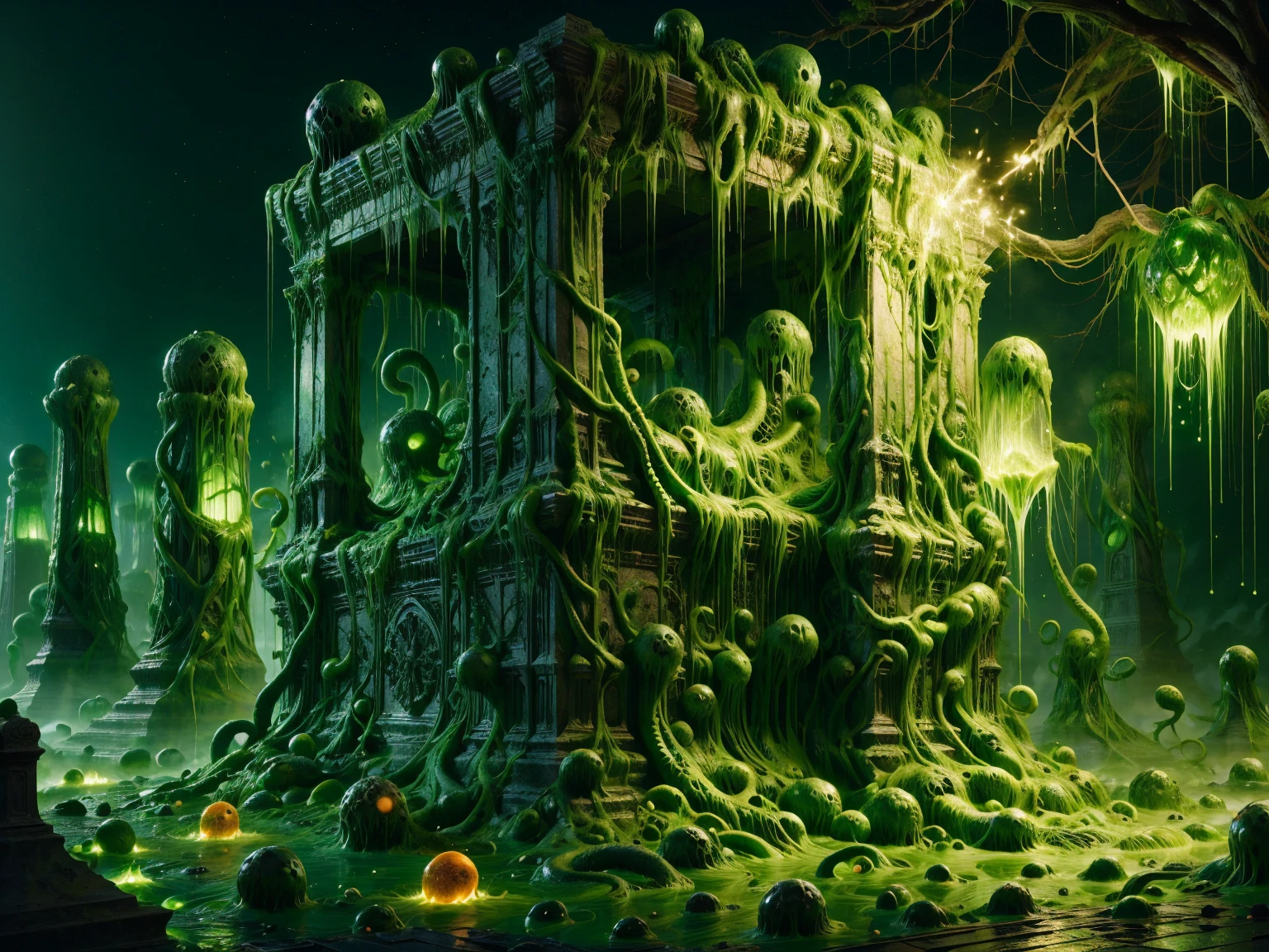 acidMutant monument, green acid, venomous growths, orange organic masses, glowing