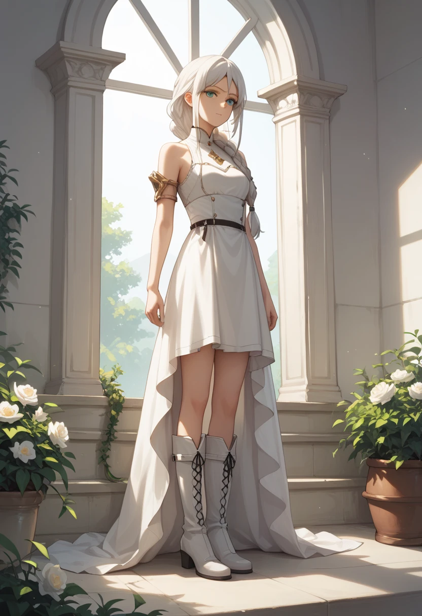 white dress white knee boots, kd-shiraori, white hair, long braid,1girl, solo, skinny, masterpiece, absurdres, high quality, highres, best quality, (full body:1.20), recent 