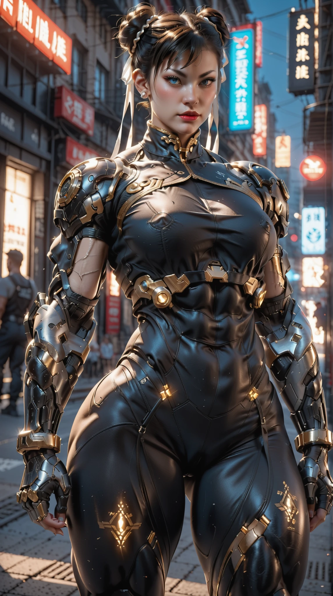 (nsfw:1), (Uncensored:1), score_9, score_8_up, score_7_up, (Three Quarters Shot), A hyper-realistic depiction of Chun-Li as a powerful, futuristic muscular cyborg warrior. She stands confidently in a dramatic cyberpunk environment with neon-lit streets and glowing holographic signs in the background. Her muscular physique is emphasized with intricate, polished cybernetic enhancements covering her arms, legs, and torso, seamlessly blending with her human features. Her iconic blue qipao is reimagined with high-tech materials, reinforced armor plating, and glowing blue accents that pulse with energy. Her buns are adorned with metallic and cybernetic details, and her face retains her strong, determined expression with glowing, piercing blue eyes. The scene features dynamic lighting, with neon blues, purples, and dark metallic tones reflecting off her cybernetic body, creating a dramatic and powerful atmosphere. Her pose is confident and battle-ready, exuding strength and grace in equal measure, arm0rpunkv4, CyberRealistic_Negative_PONY