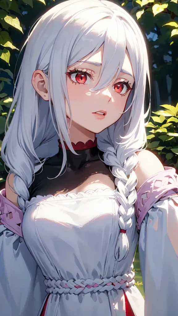 (best quality, masterpiece, perfect face, beautiful and aesthetic:1.2, colorful, dynamic angle, highest detailed face), 1girl, shiraori, solo, medium breasts, hair between eyes, red eyes, standing, outdoors, white_hair, white hair, braided hair, 