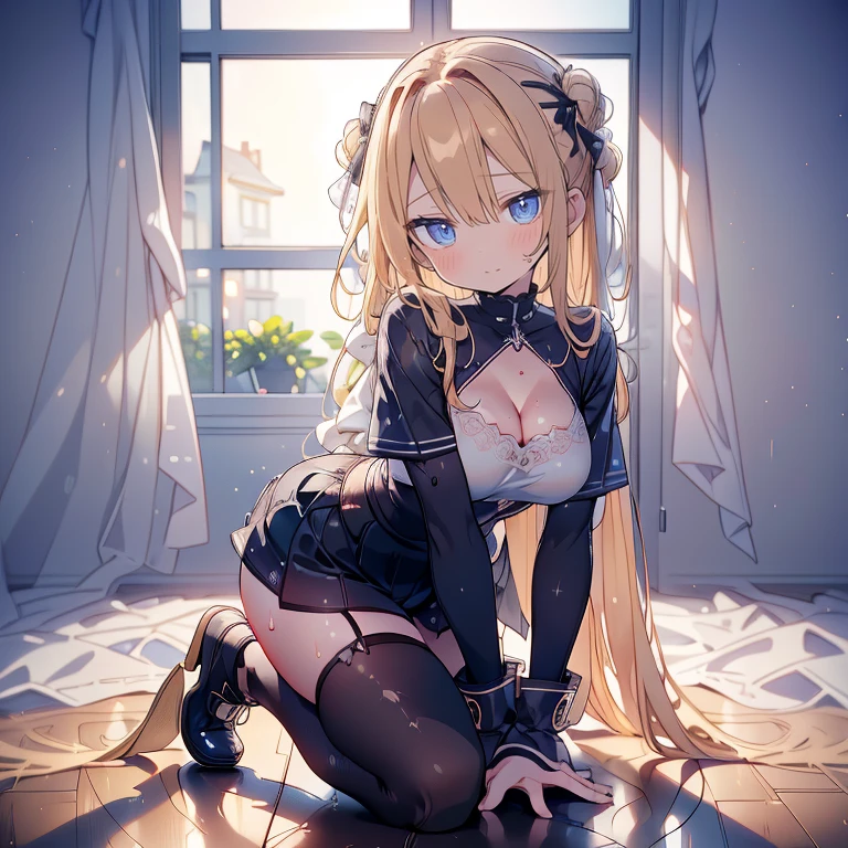 Anime style 21-year-old female character with blond, waist-length, wavy hair, V bangs, and blue eyes, squatting in a spring field at sunset, viewed frontally. She appears tired and is panting, with sweat on her forehead, dressed in a white blouse with a chocolate-colored corset over it, skinny tight blue jeans, and high boots. The background is a vibrant spring landscape with blooming flowers, green grass, and a warm sunset glow, creating a peaceful yet dynamic setting.