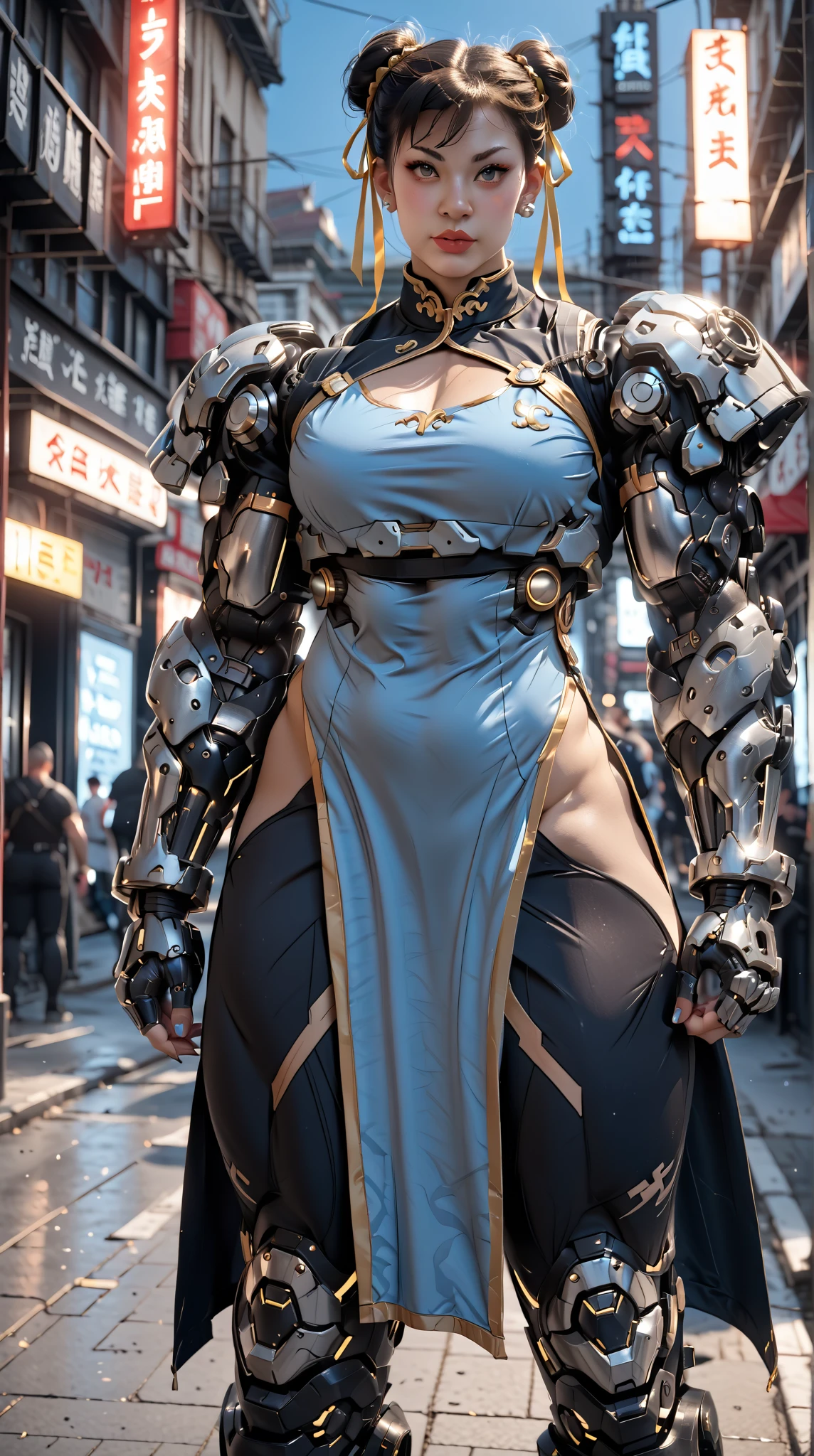 (nsfw:1), (Uncensored:1), score_9, score_8_up, score_7_up, (Three Quarters Shot), A hyper-realistic depiction of Chun-Li as a powerful, futuristic muscular cyborg warrior. She stands confidently in a dramatic cyberpunk environment with neon-lit streets and glowing holographic signs in the background. Her muscular physique is emphasized with intricate, polished cybernetic enhancements covering her arms, legs, and torso, seamlessly blending with her human features. Her iconic blue qipao is reimagined with high-tech materials, reinforced armor plating, and glowing blue accents that pulse with energy. Her buns are adorned with metallic and cybernetic details, and her face retains her strong, determined expression with glowing, piercing blue eyes. The scene features dynamic lighting, with neon blues, purples, and dark metallic tones reflecting off her cybernetic body, creating a dramatic and powerful atmosphere. Her pose is confident and battle-ready, exuding strength and grace in equal measure, arm0rpunkv4, CyberRealistic_Negative_PONY