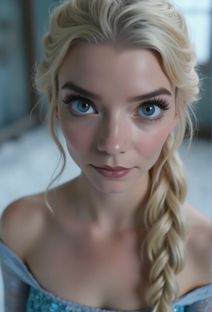 Elsa, (perky breasts), (((small breasts))), smirk:1.2, beautiful blue eyes, (perfect iris’s), depth of colour to her eyes, blonde hair, long hair, braid, full lips, blush, naked, she is showing her vagina, depth of field, bokeh, (special attention to skin detail: 1.2), masterpiece, best quality, ultra-detailed, ultra-HD, photorealistic, cinematic, ((mid camera shot)), sensual pose, alluring, nipples:1.4, looking up at camera, closeup on her face, her cheeks are blushed, 2, she is on her knees, eye contact:1.4, high angle:1.5, ((closeup on face)), perfect face, (((visible breasts))) bokeh everything other than her perfect face, location is Arendelle in winter, ice castle