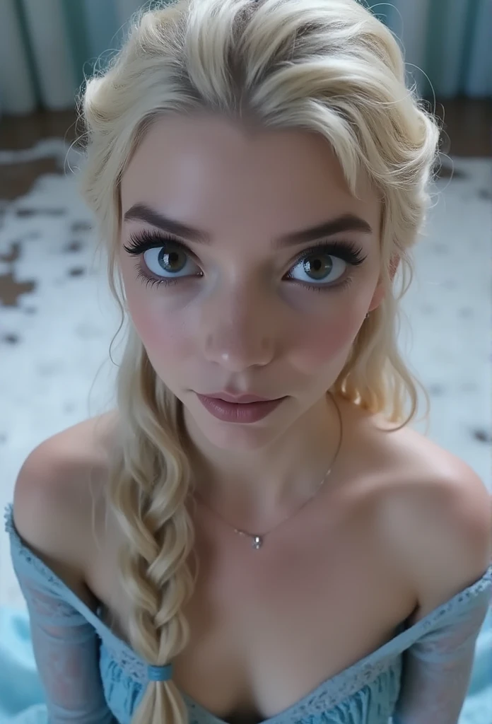 Elsa, (perky breasts), (((small breasts))), smirk:1.2, beautiful blue eyes, (perfect iris’s), depth of colour to her eyes, blonde hair, long hair, braid, full lips, blush, naked, she is showing her vagina, depth of field, bokeh, (special attention to skin detail: 1.2), masterpiece, best quality, ultra-detailed, ultra-HD, photorealistic, cinematic, ((mid camera shot)), sensual pose, alluring, nipples:1.4, looking up at camera, closeup on her face, her cheeks are blushed, 2, she is on her knees, eye contact:1.4, high angle:1.5, ((closeup on face)), perfect face, (((visible breasts))) bokeh everything other than her perfect face, location is Arendelle in winter, ice castle