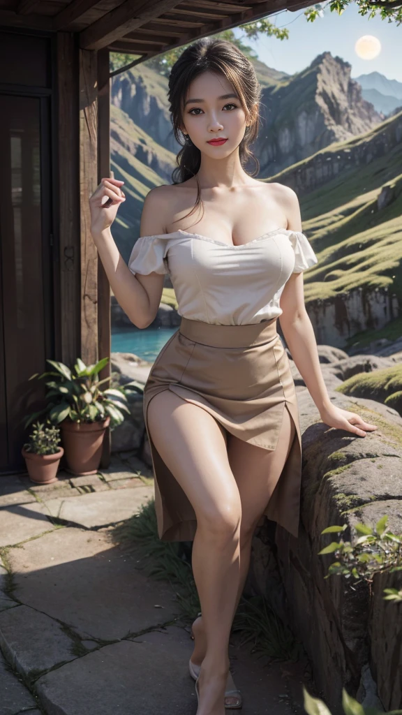 In the image, the foreground shows the face and upper body of a beautiful 40-year-old brunette italian woman with medium-length hair, very big breasts, smiling, dressed in a very large open black waistcoat (her navel and her breasts are visible) and white long skirt. The scene takes place in a lush meadow in the early afternoon of a beautiful autumn day, with snow-capped peaks in the background. Hyper-realistic rendering, using a Canon EOS 5D Mark IV camera with a Canon EF 24-70mm f/2.8L II USM lens.