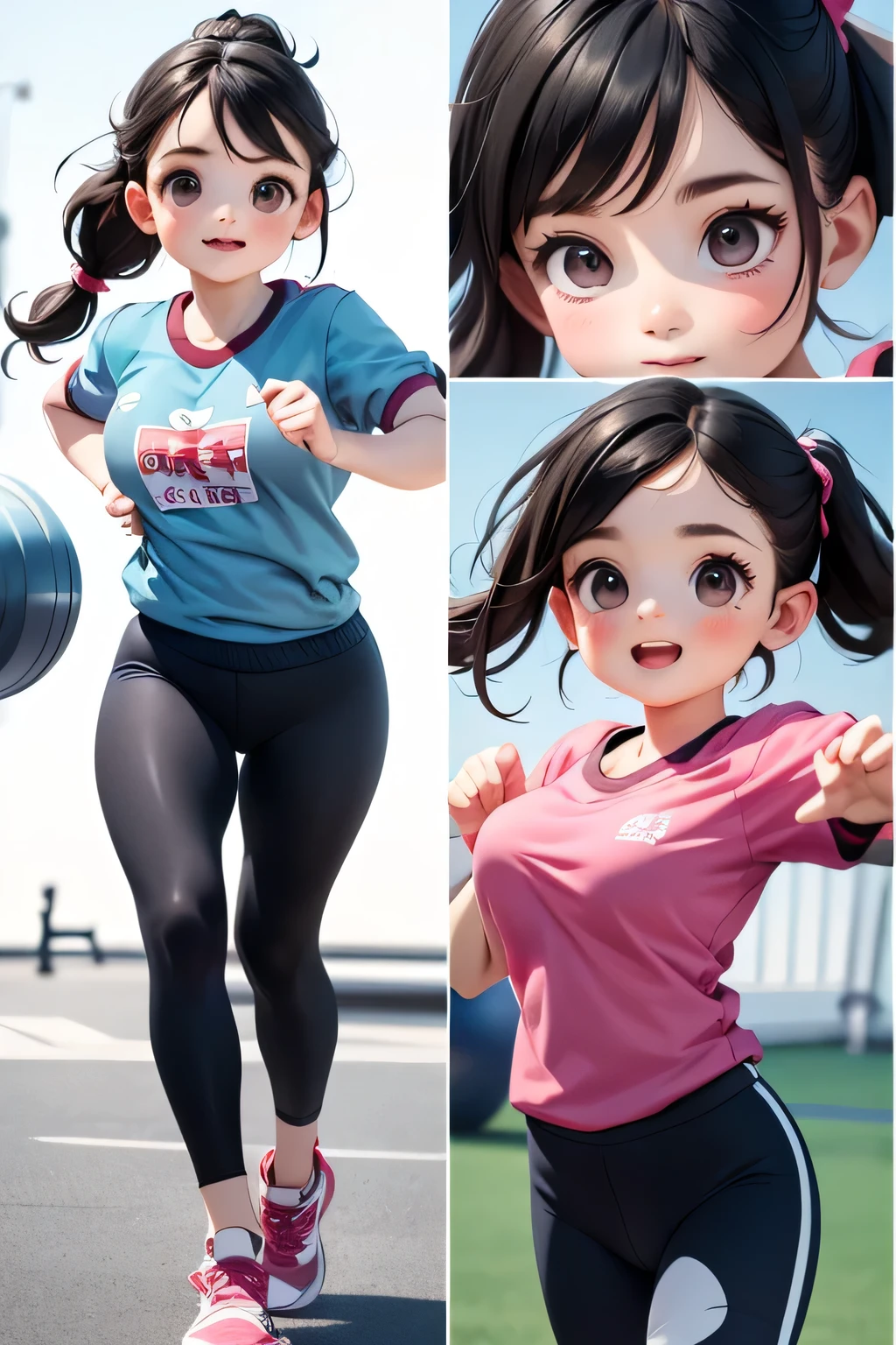 highest quality、High resolution、Detailed Background、(Beautiful face in every detail:1.4)、Anatomically correct、(Detailed facial expressions)、(Detailed eyes:1.2)、Teenage beauty、(Highly detailed face:1.4)、Black Hair、Brown Hair、Bobcut、Braided Ponytail、well-groomed eyebrows、Athletics Stadium、Perfect body line、Thick thighs、Accentuate your butt、Healthy Beauty、Fit on one screen、
Stretching with a friend、High-five your teammates and share the joy、Sitting with friends during break、Staying hydrated、A concentrated expression of someone practicing、Smiling while talking with friends、Fun atmosphere、
Fitted crop tops and bodysuits、Mesh design on the back and sides、High-waisted fitted running shorts or leggings、Cutting that accentuates the body line、Comfortable fitting running shoes、A simple sports watch and a thin hair band、A fitted sports bra or a tank top that exposes a moderate amount of skin、cute