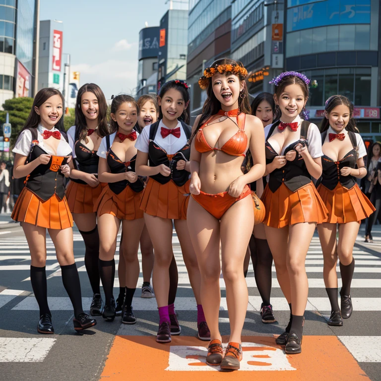 Masterpiece, Best Quality, 1girl, Beautiful Girl, Mai Shiranui, Red Theme, Brown Hair, ,Big, High Leg of Sleeveless Mini Japanese Clothing, High Ponytail, Bangs, Hand Fan (Full Body, Standing), (Akihabara with many onlookers)