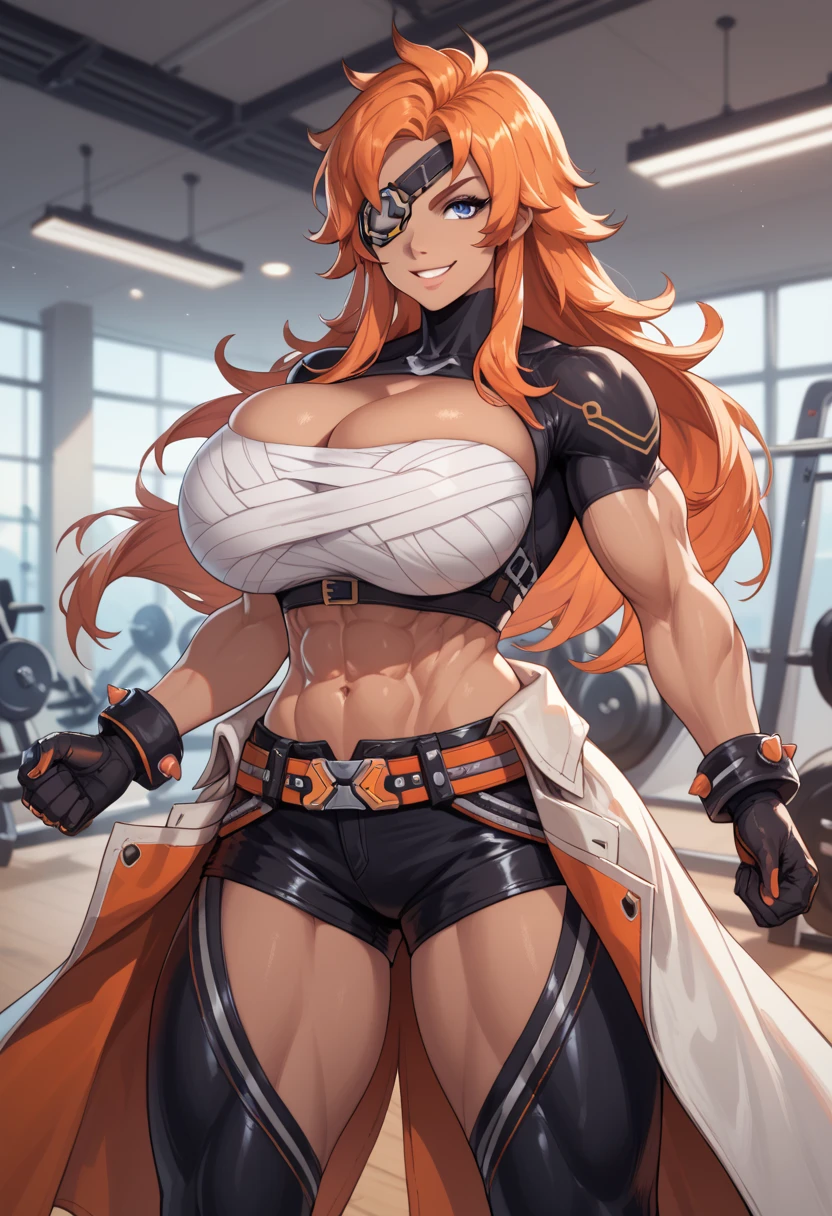 asher, 1girl, long hair, eyepatch, huge breasts, gloves, navel, orange hair, black gloves, muscular female, muscular, blue eyes, deep cleavage, tan-skinned female, short sleeves, bandaged breasts, leather shorts, coat around waist, biker chaps, cowboy shot, standing, dynamic pose, gym, smile, sarashi