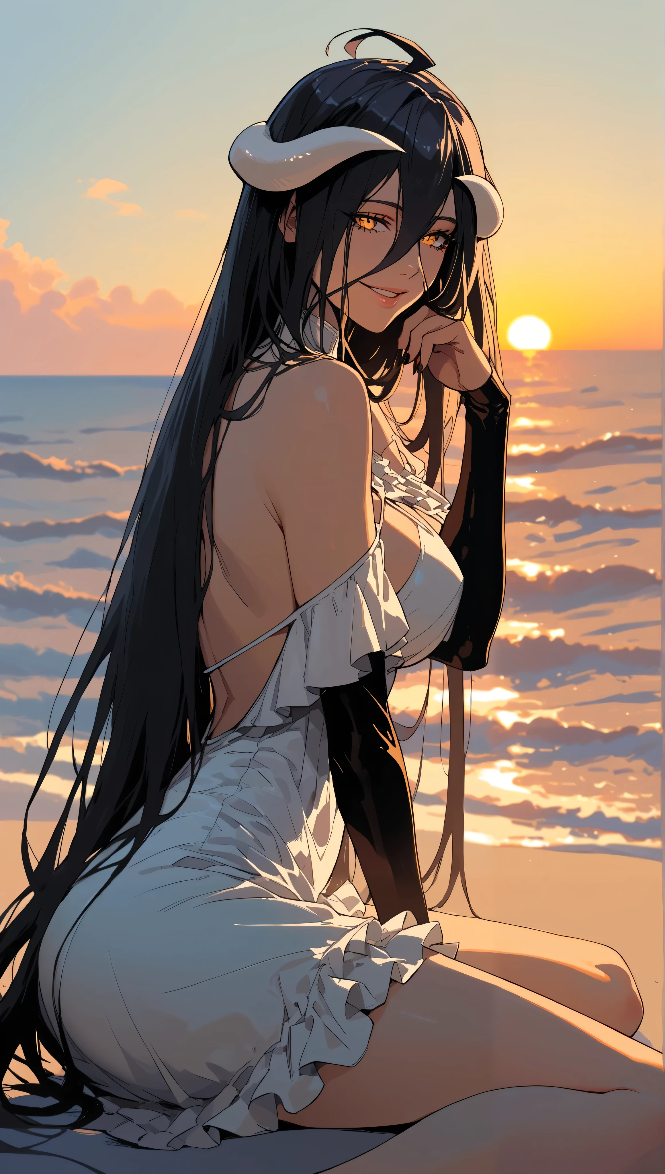 (score_9,score_8,score_7_up,score_6_up)sinozick style，flat color, dark theme
waligner overlord albedo absurdres english_commentary highres paid_reward_available 1girl ass white_dress backless_outfit bare_shoulders white_dress breasts black_hair closed_mouth cowboy_shot detached_sleeves dress elbow_rest from_behind hair_between_eyes head_rest jewelry large_breasts nail nail_polish parted_lips short_dress smile  tight_clothes tight_dress full_body, background_of_sunset, nature, beach, enjoying_sunset dynamic_shadows open_eyes looking_at_us watching_us cute kawaii smiling_at_us