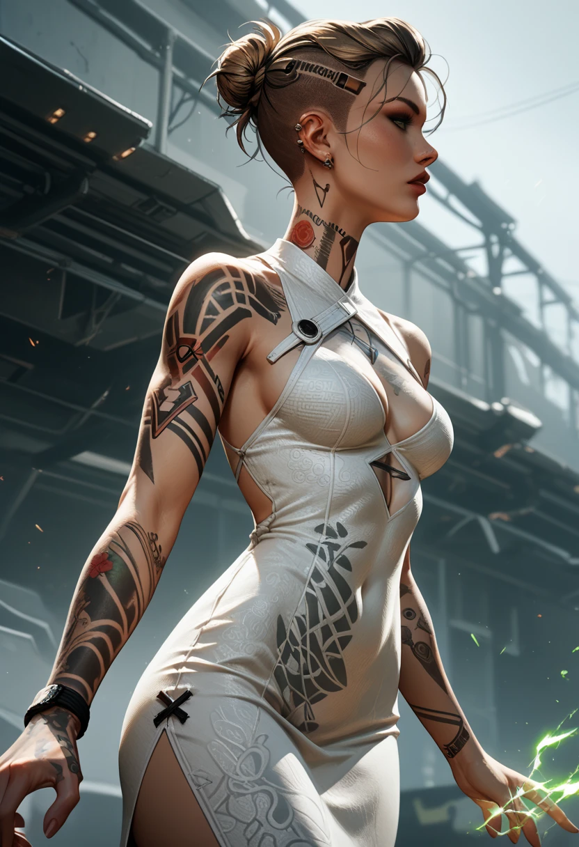 Score_9, score_8_up, score_7_up, MEJack, 1girl, slim figure, dark blonde hair, (green eyes), messy bun hairstyle, undercut hairstyle, tattoo,tattooed body, chest tattoo, wearing white bodycon dress, (sideless dress), keyhole cutout, ((psychic energy in hands)), (combat stances), wide angle