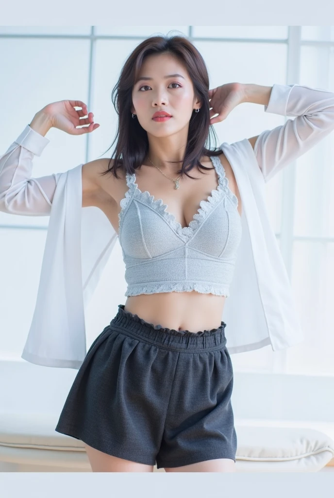 best quality, masterpiece, (ultra highres:1.2), (8k:1.2), beautiful detailed eyes, long eyelashes, double eyelid, high detail, detailed hairstyle, detailed face, hyper realistic,
1girl, solo, (fair skin:1.2), (18 years old), (medium breasts), small hips, slender body, (medium breasts:1.2), (wet:0.9), (transparent underwear:1.2), small hips, slender, (underwear:1.2), black hair, closed mouth, (smiling:0.8),
looking at viewer, (from below:1.3), (from front), pants focus, (cowboy shot:0.9), (sexy pose:1.2)
