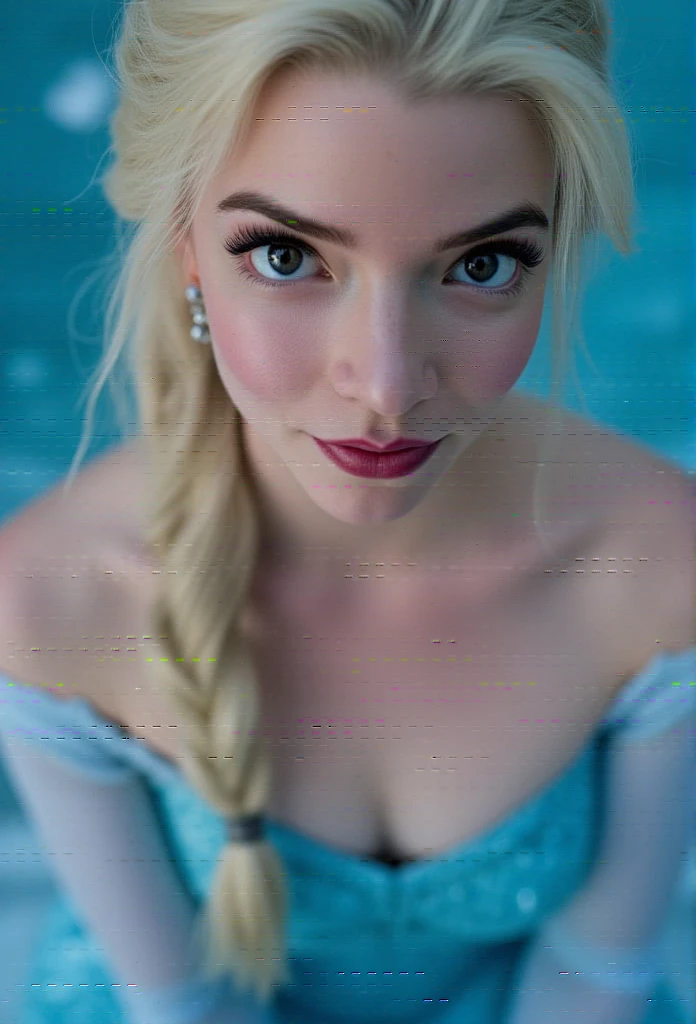 Elsa, (perky breasts), (((small breasts))), smirk:1.2, beautiful blue eyes, (perfect iris’s), depth of colour to her eyes, blonde hair, long hair, braid, full lips, blush, naked, she is showing her vagina, depth of field, bokeh, (special attention to skin detail: 1.2), masterpiece, best quality, ultra-detailed, ultra-HD, photorealistic, cinematic, ((mid camera shot)), sensual pose, alluring, nipples:1.4, looking up at camera, closeup on her face, her cheeks are blushed, 2, she is on her knees, eye contact:1.4, high angle:1.5, ((closeup on face)), perfect face, (((visible breasts))) bokeh everything other than her perfect face, location is Arendelle in winter, ice castle