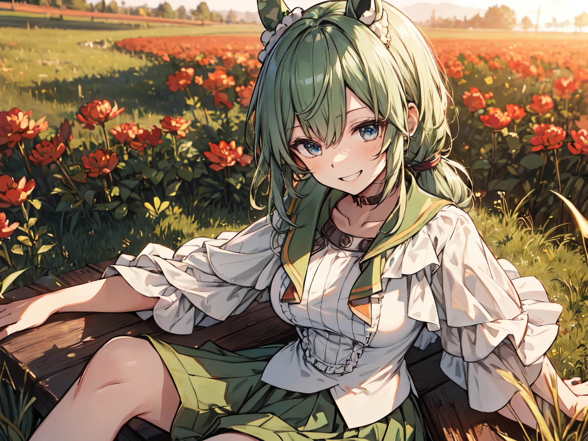 (Solo), (One adult female), (Adult style), (Sharp facial features), (Horse ears), (Long hair, low ponytail with big green ribbon), Sitting in open position with arms crossed, Sexy and comfortable outfit, (Light green skirt, smiling and showing gums), (Grassland surrounded by lots of red flowers), (Sunset), (Emphasis on breasts, Bust-up shot), (Best Work, Highest Quality, High Resolution, 8K)