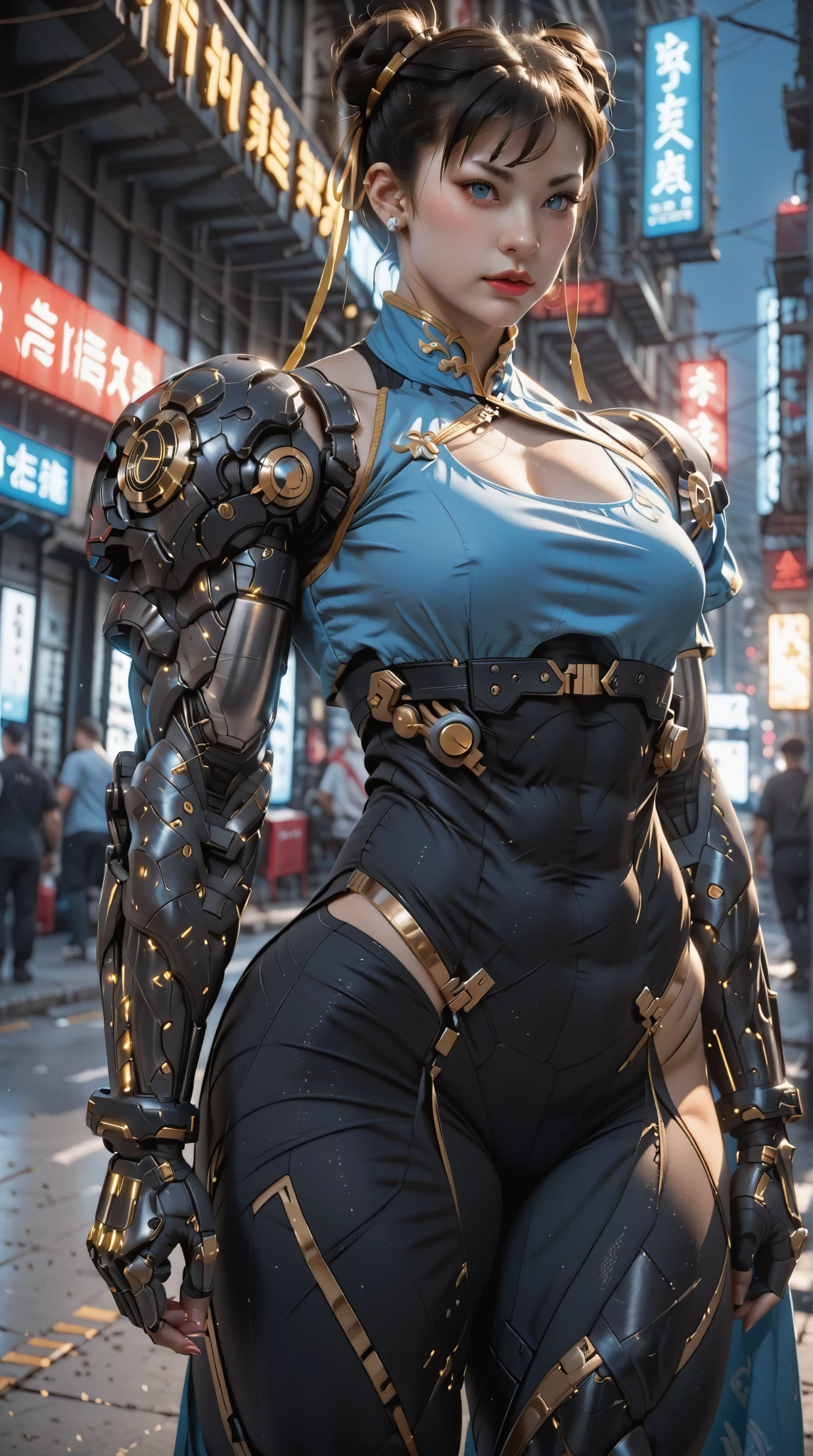 (nsfw:1), (Uncensored:1), score_9, score_8_up, score_7_up, (Three Quarters Shot), A hyper-realistic depiction of Chun-Li as a powerful, futuristic muscular cyborg warrior. She stands confidently in a dramatic cyberpunk environment with neon-lit streets and glowing holographic signs in the background. Her muscular physique is emphasized with intricate, polished cybernetic enhancements covering her arms, legs, and torso, seamlessly blending with her human features. Her iconic blue qipao is reimagined with high-tech materials, reinforced armor plating, and glowing blue accents that pulse with energy. Her buns are adorned with metallic and cybernetic details, and her face retains her strong, determined expression with glowing, piercing blue eyes. The scene features dynamic lighting, with neon blues, purples, and dark metallic tones reflecting off her cybernetic body, creating a dramatic and powerful atmosphere. Her pose is confident and battle-ready, exuding strength and grace in equal measure, arm0rpunkv4, CyberRealistic_Negative_PONY