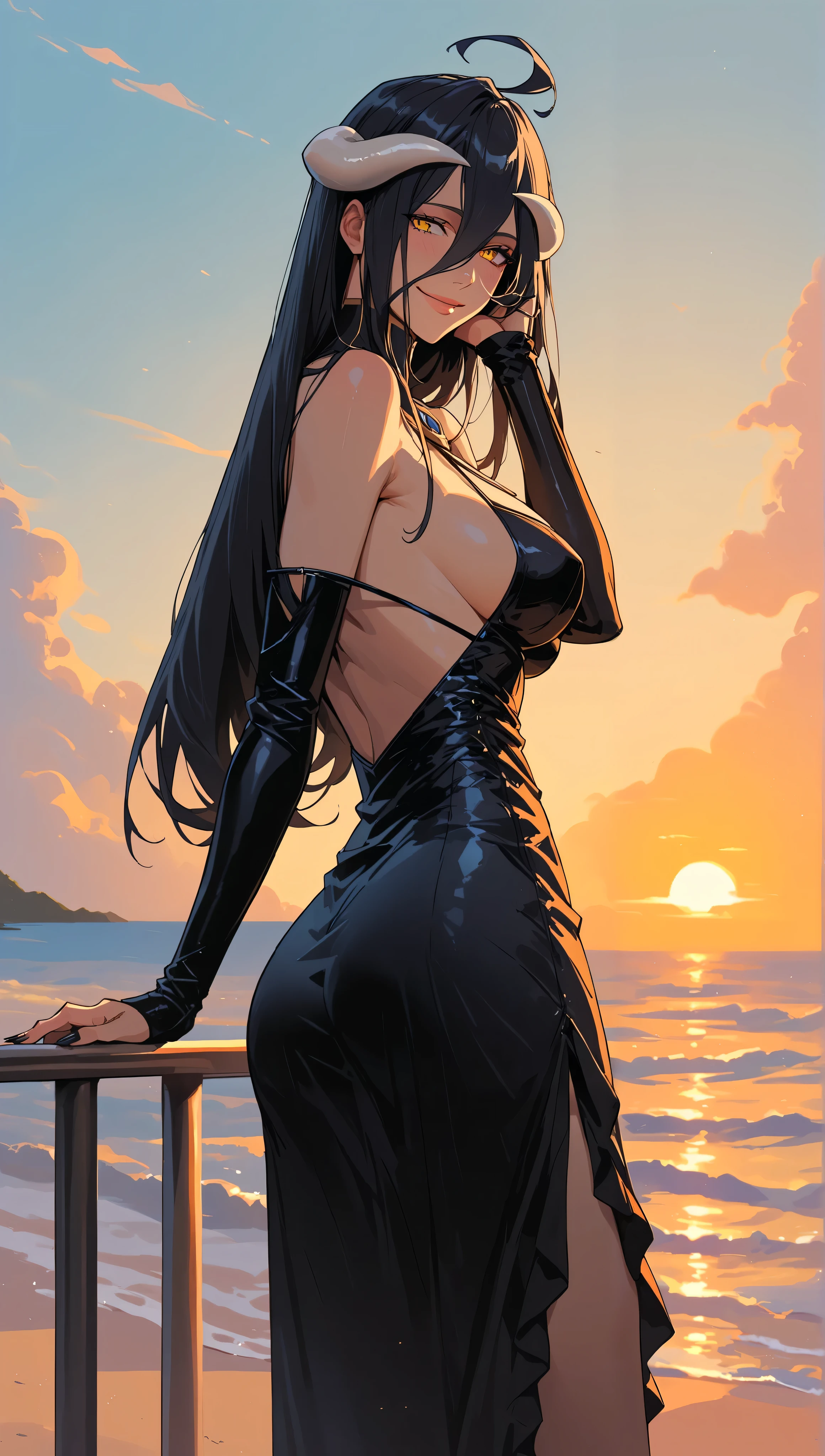 (score_9,score_8,score_7_up,score_6_up)sinozick style,flat color, dark theme
waligner overlord albedo absurdres english_commentary highres paid_reward_available 1girl ass white_dress backless_outfit bare_shoulders white_dress breasts black_hair closed_mouth cowboy_shot detached_sleeves dress elbow_rest from_behind hair_between_eyes head_rest jewelry large_breasts nail nail_polish parted_lips short_dress smile tight_clothes tight_dress full_body, background_of_sunset, nature, beach, enjoying_sunset dynamic_shadows open_eyes looking_at_us watching_us cute kawaii smiling_at_us