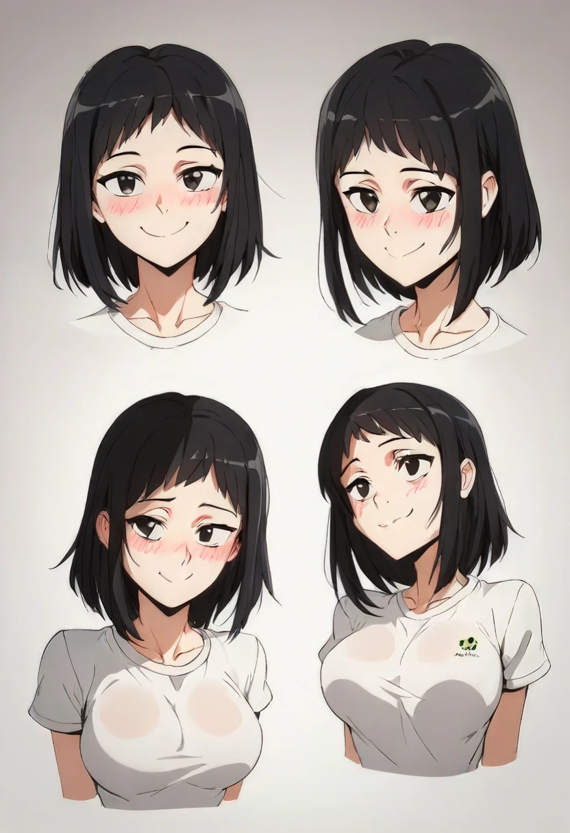 score_9, score_8_up, score_7_up, source_anime, best quality, clear face, friend's sister, black hair, black eyes, medium hair, large breasts, perfect body, looking at , cute embrassed,smile,lewd face,blush,wearing tight plain white shirt,view ,big tit,hot,r,motion lines,motioon lines,hourglass body,sexy,only upper body,close to face,focus face,head focus,Expression Anime Character Sheet