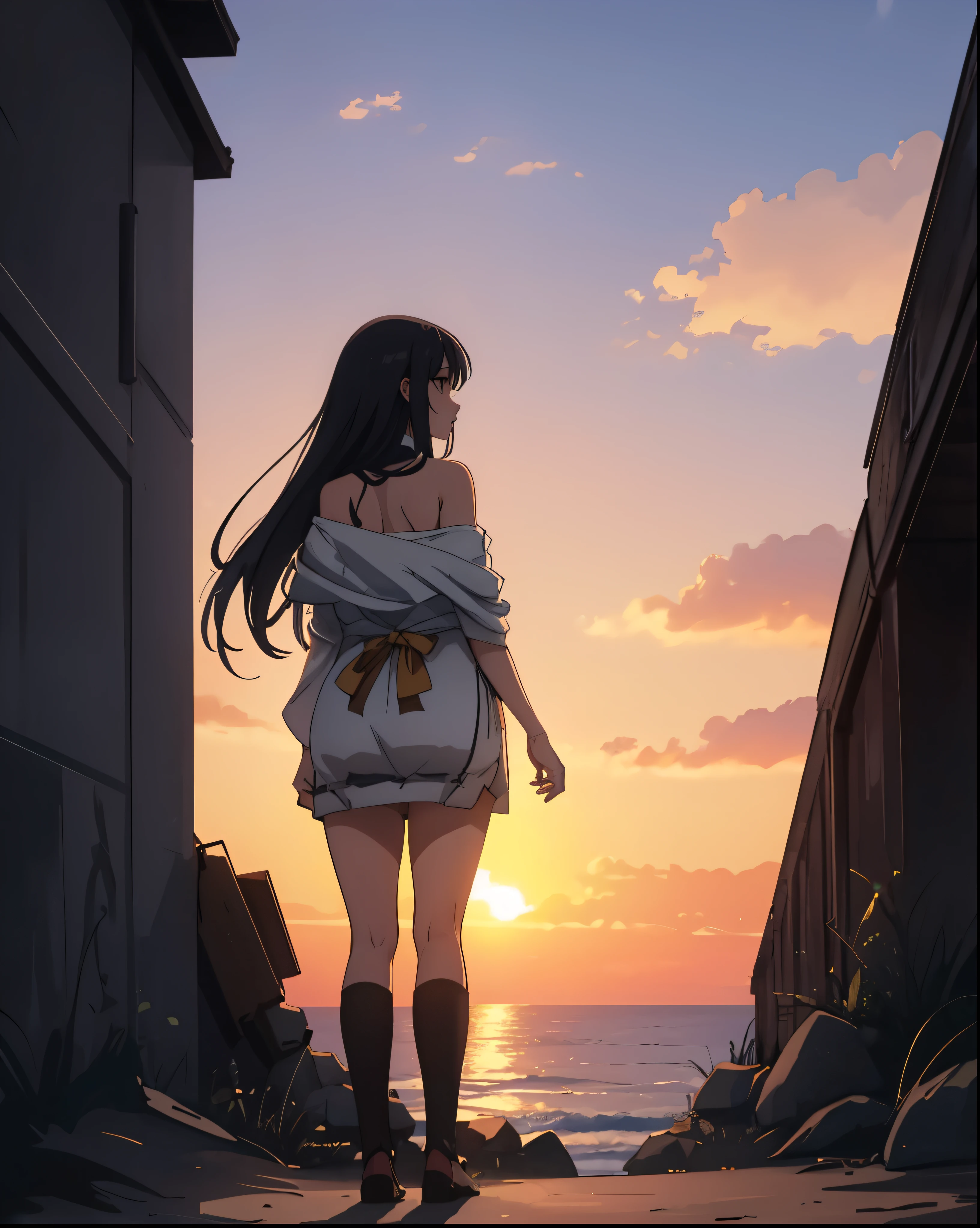 masterpiece、high quality、1girl , 1 character only、solo、Albedo, Overlord anime, anime style,Black hairs ,long hairs,  bigger legs, proud, very proud. thick, very nice girl, Leaning over wall/house/item, or standing on beach and enjoying sunset, looking at us, over wall, Silhouette shot: Capture a romantic moment against a beautiful sunset or backlight, Over-the-shoulder glance: Looks great for showcasing clothing, Well good,true beaty,epic sunset, sunset visible, horizon, sunset shado