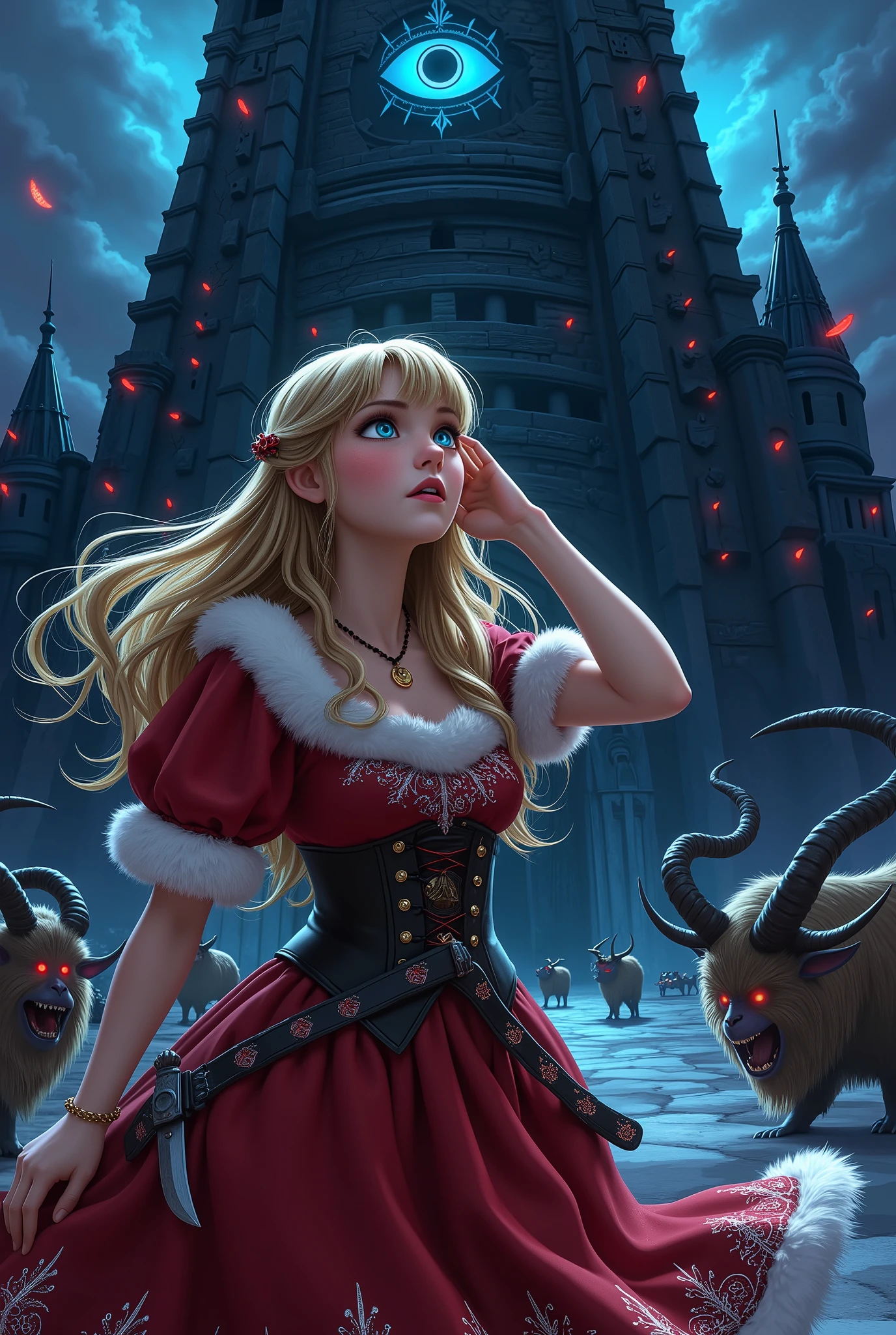 (Ultra-detailed face, Looking away, Fantasy Illustration with Gothic. Dark tone colors.), BREAK 
(Eladrin's female Santa Claus is touching her hair and looking up with sleepy eyes at the dark tower, a stepped structure like the ancient Mesopotamian temple called Ziggurat, where the monster Krampus lives. The dark tower absorbs light like a black hole and appears to be a shadow. In the center of the tower, a symbol like the eye of Freemasonry glows pale blue. From within the shadows, the eyes of many Krampus glow red.), BREAK 
(The young female Santa Claus of Eladrin has honey-colored hair and eyebrows, blunt bangs, waist-length flowing hair, pupil-less blue glowing eyes, small pink lips, light skin tone, and dark, thick eyeliner.), BREAK 
(Eladrin's female Santa Claus wears a red Santa Claus hat with a white bonbon. She wears a traditional medieval European-style mini Santa Claus dress of red lace fabric with white fur. She wears a corset around her waist with a curved dagger inserted into it. She wears red laced sandals with fur embellishments.), BREAK 
(It is a holy Christmas night. The female Santa Claus arrives at the Dark Tower on the Island of Darkness to defeat Krampus, a terrifying monster with goat-like horns and a fur-covered body.)