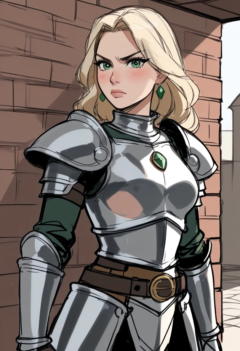 1girl, armor, solo, jewelry, green eyes, earrings, looking at viewer, shoulder armor, breastplate, long hair, alley, outdoors, closed mouth, pauldrons, lips, vambraces, breasts, upper body, blonde hair, white hair, gem, brick wall, gauntlets, knight, blush, belt, boobplate, plate armor, stone wall, v-shaped eyebrows, medium hair, standing, day, medium breasts, green gemstone, small breasts, parted bangs, eyelashes, faulds, long sleeves, score_9, score_8_up, score_8_up, a_Comic_Illustration, rough lines with ink, (drawn:1.1), (sketch:1.5), (crosshatching:1.25), (comic style:1.1), graphic novel style, sharp lines, hires, zstyle, (western comics \(style\):1.1), (hatching \(texture\):1.2), zPDXL, Mr_Monster_Possitive, beautiful detailed eyes, extreme details eyes,  perfect anatomy,, 1girl, thighs, cowboy shot