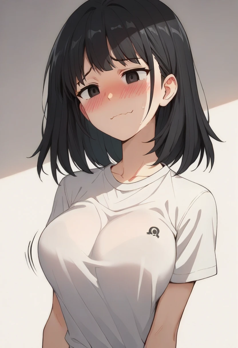 score_9, score_8_up, score_7_up, source_anime, best quality, clear face, friend's sister, black hair, black eyes, medium hair, large breasts, perfect body, looking at , cute embrassed,nervous,lewd face,blush,wearing tight plain white shirt,view ,big tit,hot,r,motion lines,motioon lines,hourglass body,sexy,only upper body,close to face,focus face,head focus,Expression Anime Character Sheet, sensitive 