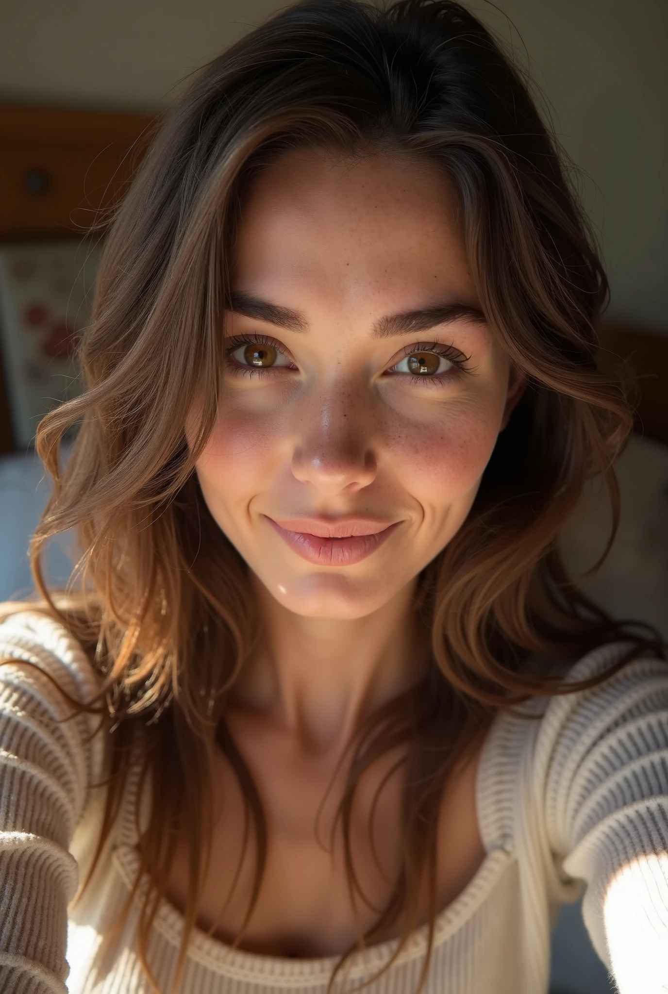 Create an ultra-realistic image of a woman taking a selfie in a natural, everyday environment. She is in a well-lit, cozy room with soft, natural light coming through a window, creating gentle shadows on her face. She has slightly tousled hair and a relaxed, confident expression, as if she just woke up or is casually lounging at home. Her clothing is casual yet flattering, such as a simple, well-fitting tank top or an oversized sweater that falls off one shoulder. The background includes subtle details like a plush sofa, a few personal items like books or a cup of coffee, adding to the realism. The image should capture the warmth and authenticity of a spontaneous moment