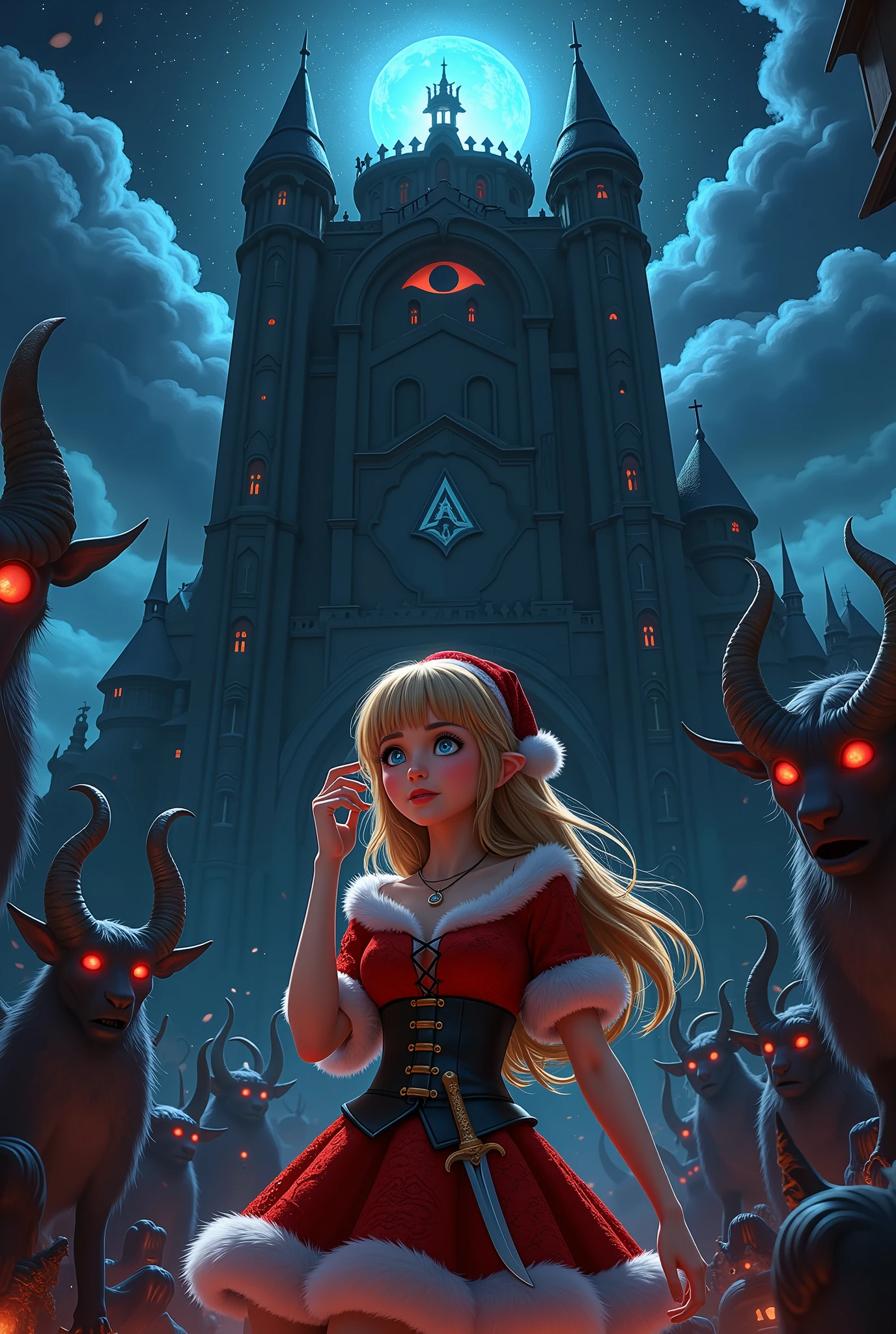 (Ultra-detailed face, Looking away, Fantasy Illustration with Gothic. Dark tone colors.), BREAK 
(Eladrin's female Santa Claus is touching her hair and looking up with sleepy eyes at the dark tower, a stepped structure like the ancient Mesopotamian temple called Ziggurat, where the monster Krampus lives. The dark tower absorbs light like a black hole and appears to be a shadow. In the center of the tower, a symbol like the eye of Freemasonry glows pale blue. From within the shadows, the eyes of many Krampus glow red.), BREAK 
(The young female Santa Claus of Eladrin has honey-colored hair and eyebrows, blunt bangs, waist-length flowing hair, pupil-less blue glowing eyes, small pink lips, light skin tone, and dark, thick eyeliner.), BREAK 
(Eladrin's female Santa Claus wears a red Santa Claus hat with a white bonbon. She wears a traditional medieval European-style mini Santa Claus dress of red lace fabric with white fur. She wears a corset around her waist with a curved dagger inserted into it. She wears red laced sandals with fur embellishments.), BREAK 
(It is a holy Christmas night. The female Santa Claus arrives at the Dark Tower on the Island of Darkness to defeat Krampus, a terrifying monster with goat-like horns and a fur-covered body.)