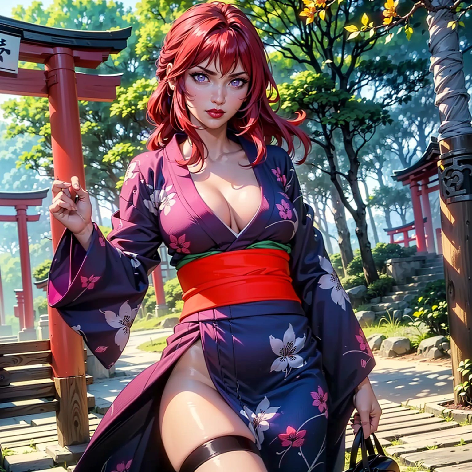 ((solo, 1woman, (TakashiroHiroko, dark purple eyes, red hair), pink lipstick, Extremely detailed, ambient soft lighting, 4k, perfect eyes, a perfect face, perfect lighting, a 1girl)), ((solo, (1woman, pink lipstick), Extremely detailed, ambient soft lighting, 4k, perfect eyes, a perfect face, perfect lighting, a 1girl)), , ((fitness,, shapely body, athletic body, toned body)), ((kimono, Yukata, Japanese garden, Japanese temple, forest, torii, trees, city in the background, red lipstick, clouds, smug, printed kimono, jacaranda trees, high heels, neckline, cleavage flowers))