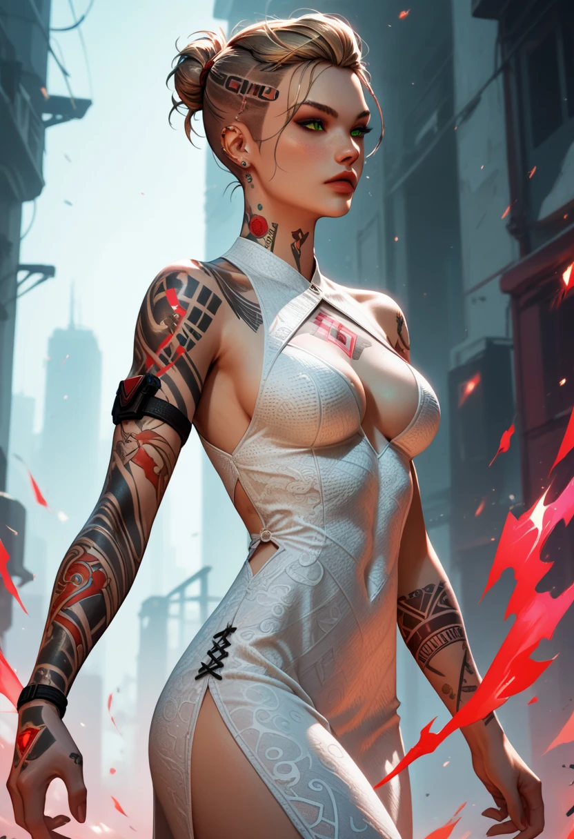 Score_9, score_8_up, score_7_up, MEJack, 1girl, slim figure, dark blonde hair, (green eyes), messy bun hairstyle, undercut hairstyle, tattoo,tattooed body, chest tattoo, wearing white bodycon dress, (sideless dress), keyhole cutout, (((red) psychic energy in hands)), (combat stances), wide angle