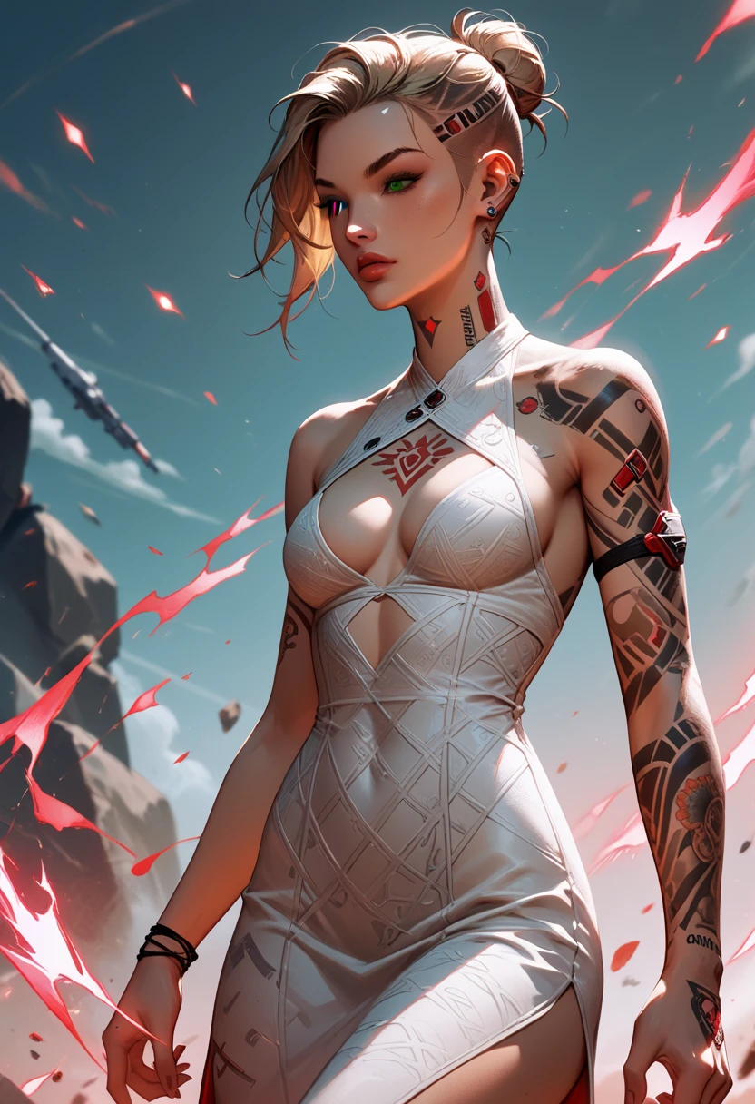 Score_9, score_8_up, score_7_up, MEJack, 1girl, slim figure, dark blonde hair, (green eyes), messy bun hairstyle, undercut hairstyle, tattoo,tattooed body, chest tattoo, wearing white bodycon dress, (sideless dress), keyhole cutout, (((red) psychic energy in hands)), (combat stances), wide angle