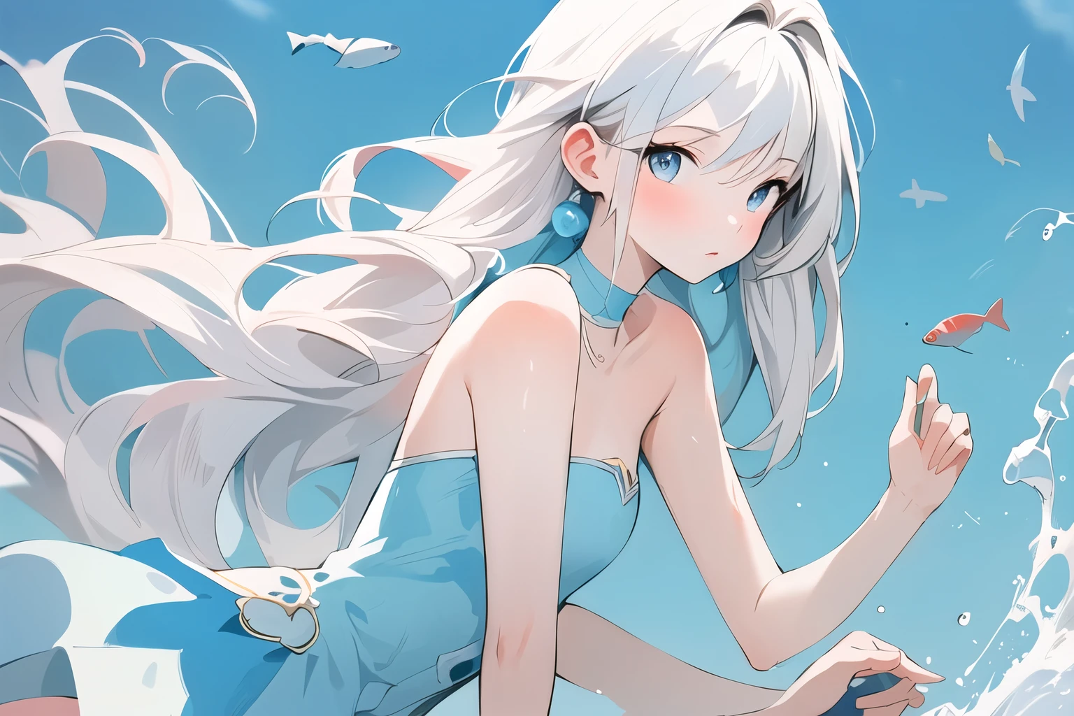  top quality, Masterpiece,Blue and Pink, 1 girl, In the water, fish, strapless dress 