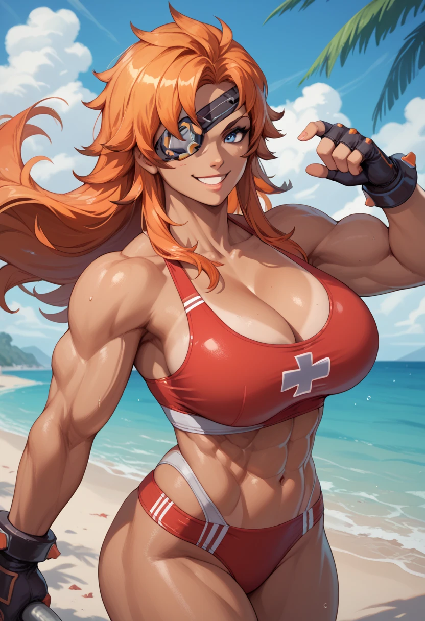 asher, 1girl, long hair, eyepatch, huge breasts, navel, orange hair, muscular female, muscular, blue eyes, cleavage, tan-skinned female, red lifeguard swimsuit, cowboy shot, standing, dynamic pose, outdoors beach, smile,