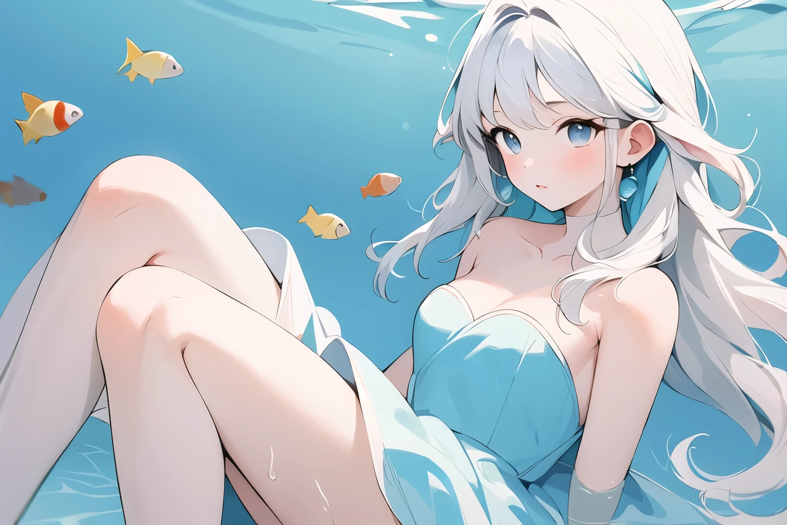  top quality, Masterpiece,Blue and Pink, 1 girl, In the water, fish, strapless dress 