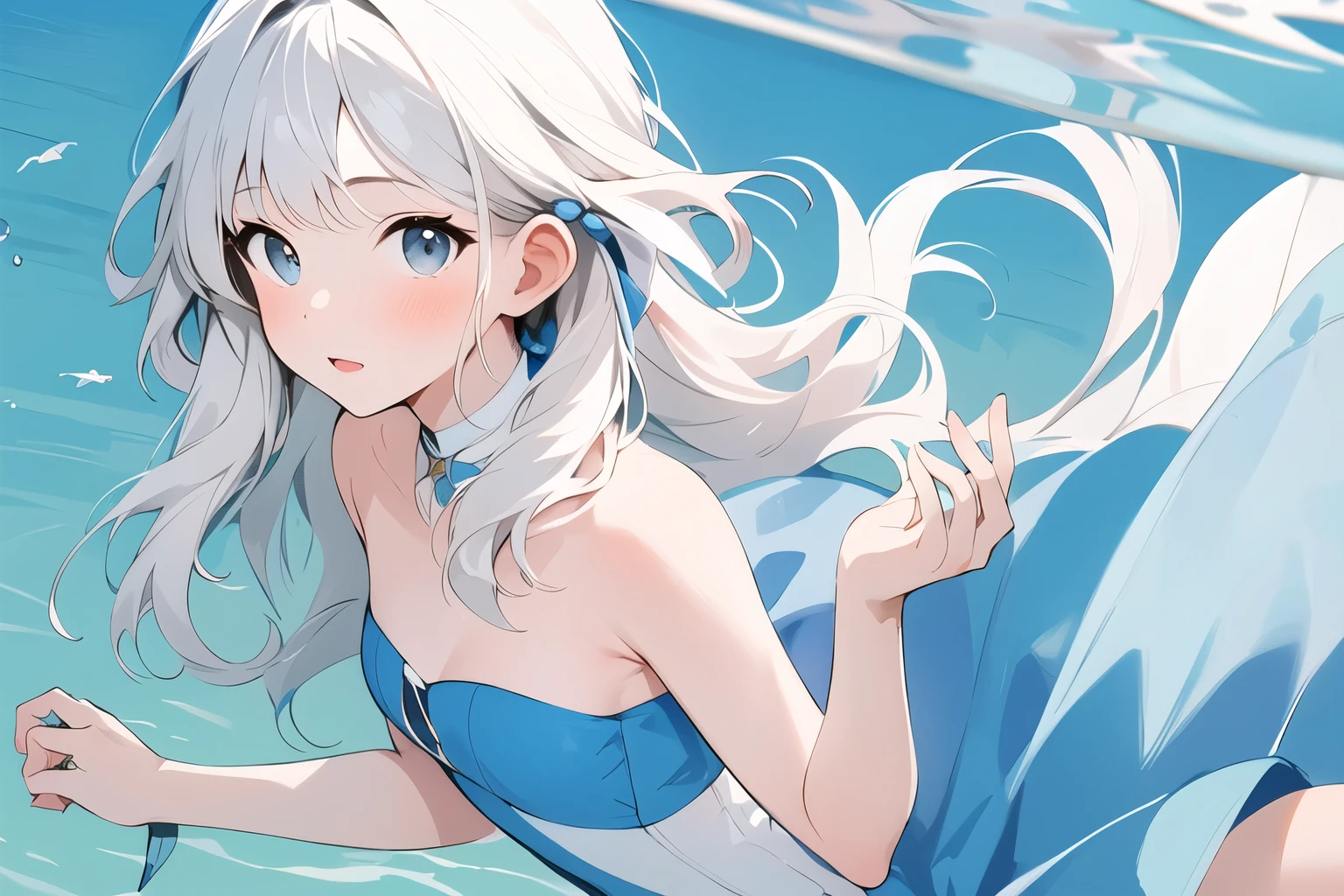  top quality, Masterpiece,Blue and Pink, 1 girl, In the water, fish, strapless dress 