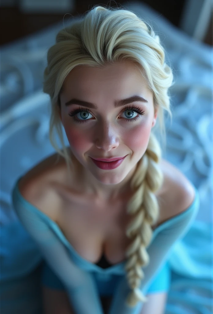 Elsa, (perky breasts), (((small breasts))), smirk:1.2, beautiful blue eyes, (perfect iris’s), depth of colour to her eyes, blonde hair, long hair, braid, full lips, blush, naked, she is showing her vagina, depth of field, bokeh, (special attention to skin detail: 1.2), masterpiece, best quality, ultra-detailed, ultra-HD, photorealistic, cinematic, ((mid camera shot)), sensual pose, alluring, nipples:1.4, looking up at camera, closeup on her face, her cheeks are blushed, 2, she is on her knees, eye contact:1.4, high angle:1.5, ((closeup on face)), perfect face, (((visible breasts))) bokeh everything other than her perfect face, location is Arendelle in winter, ice castle