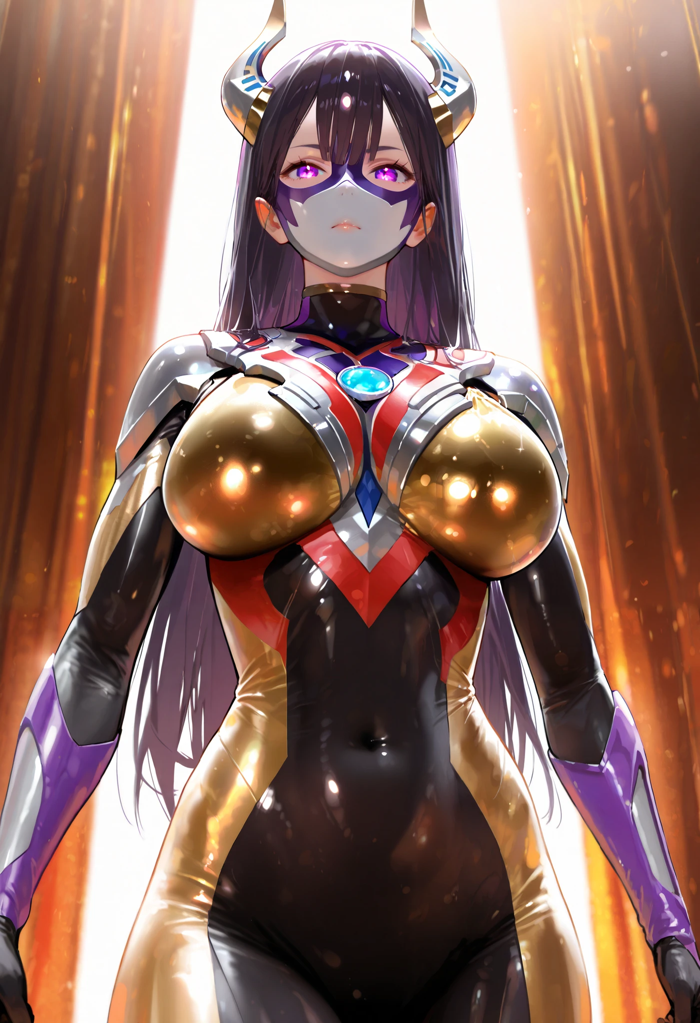  too absurd resolution,  high definition , (masterpiece: 1.4),  super detailed , Alone,Japanese Hero , Ultraman, Ultramanスーツ,Decorated mask to hide the face, hero suit,Indigo eyes, dark purple hair, Long Straight Hair ,, golden suit with horns,cowboy shot, big breasts ,Bikini armor,with horns