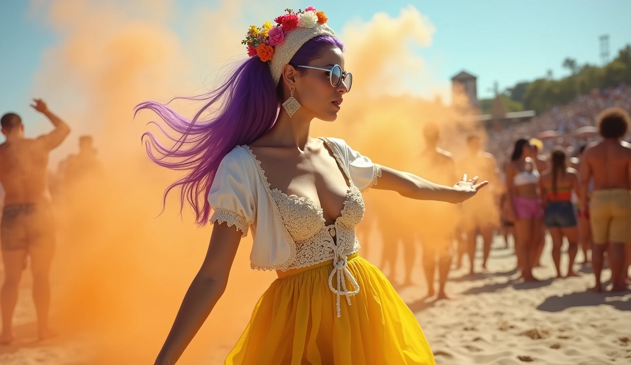 Mid shot of a Tall Woman with high top pastel coloured fluffy fairy floss like hair and lollipop like sunglasses holding a giant lollipop in a fantasy style candy world, soft retro style, studio quality, epic masterpiece, trending on artstation, wispy, whimsical, magical, cinematic lighting, 8 k octane detailed render, modern, victoria's secret, award winning, artwork by Botticelli, high res