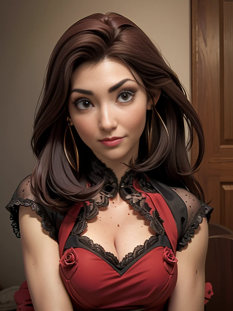 8k, RAW photo, Fujifilm, style photo of a beautiful 45 year old woman, square face, a red rose on the neck, wearing black lace dress with red, golden earrings, strong features like a spinning dove, (highly detailed skin: 1.2), medium brown hair with lights, film grain, 35mm, cute style, tara.tainton