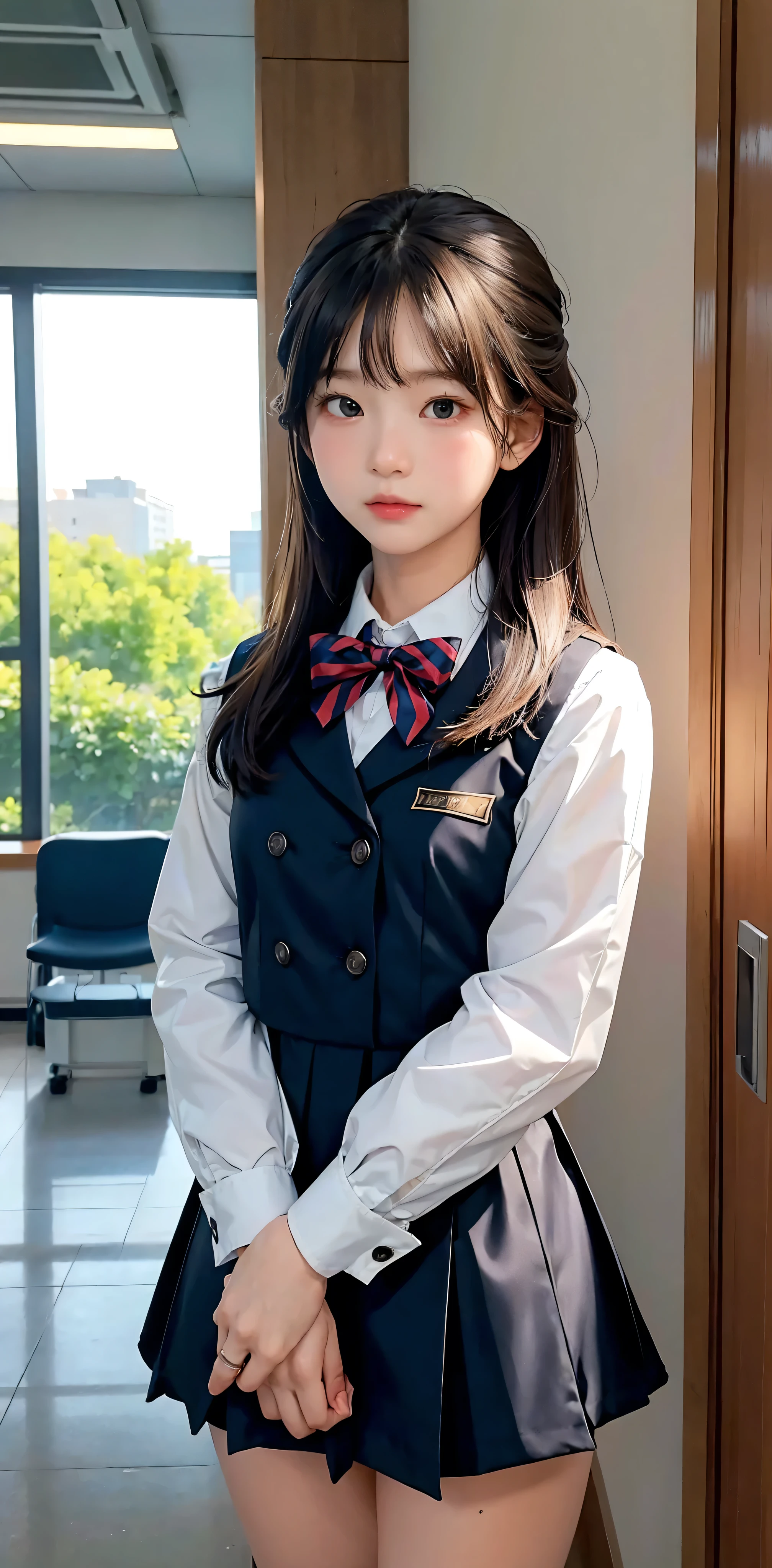  s,uniform,Line up quietly before entering the classroom, girl,cute, Masterpiece, Details