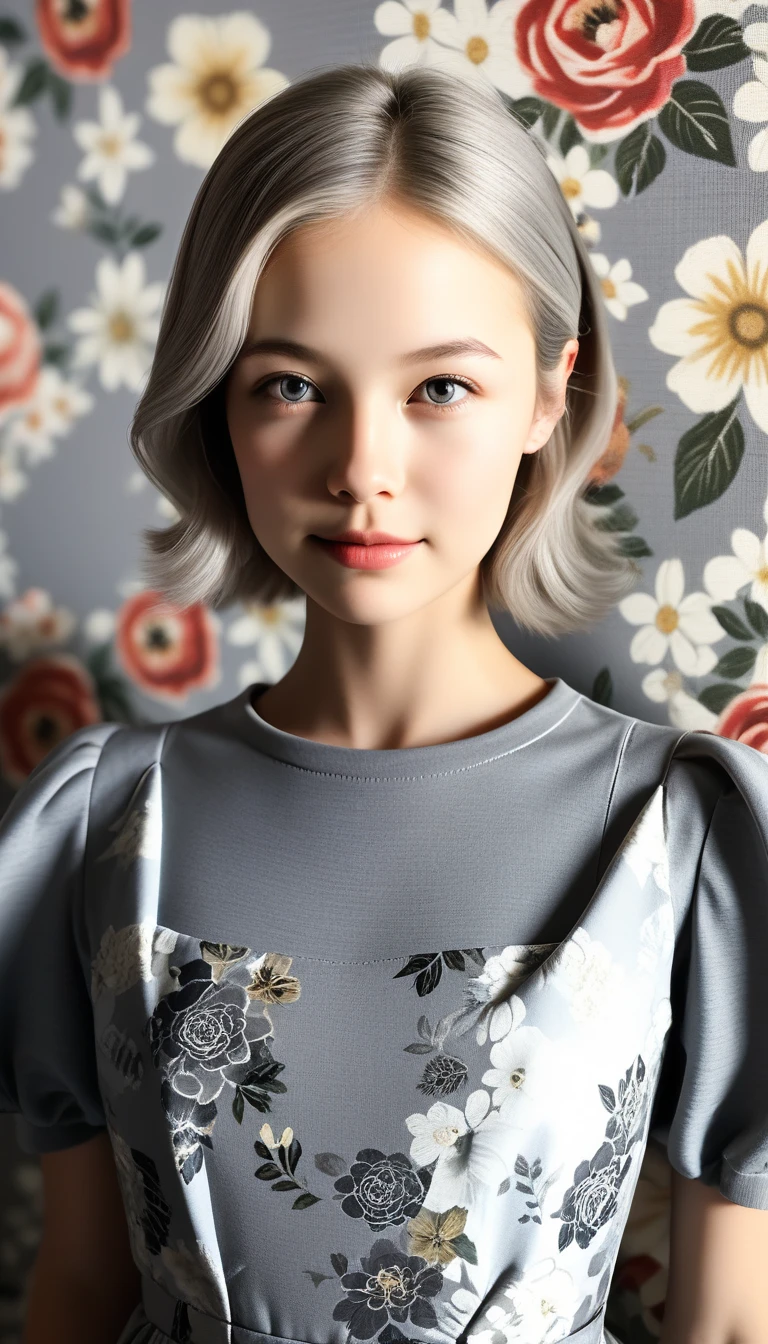 (((Gray floral background:1.3)))、 top quality, masterpiece,  high definition , ((( one girl ))), ,(((The eyes are gray:1.3)))、 gray dress 、(( Grey Shirt :1.3、Grey Block Dress )),  tyndall effect ,  realistic , Shadow Studio , ultramarine lighting,  Dual Tone Lighting, ( high detail skin : 1.2)、Light colored lighting 、Dim lighting、  dslr, photograph,  high definition , 4K, 8k,  Blurred Background, beautiful fade out 、The world of grey flowers