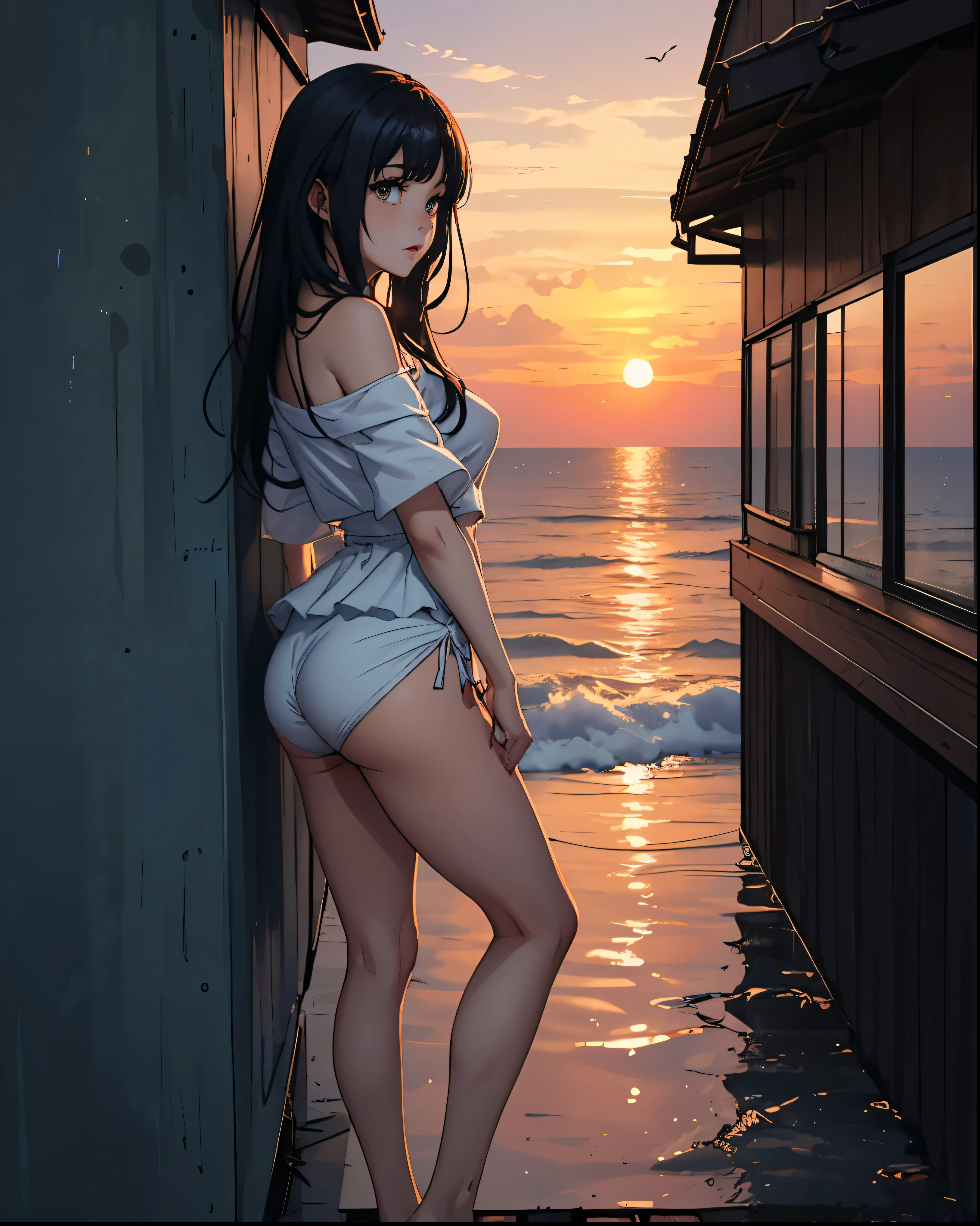 masterpiece、high quality、1girl , 1 character only、solo、Albedo, Overlord anime, anime style,Black hairs ,long hairs,  bigger legs, proud, very proud. thick, very nice girl, Leaning over wall/house/item, or standing on beach and enjoying sunset, looking at us, over wall, Silhouette shot: Capture a romantic moment against a beautiful sunset or backlight, Over-the-shoulder glance: Looks great for showcasing clothing, Well good,true beaty,epic sunset, sunset visible, horizon, sunset shado