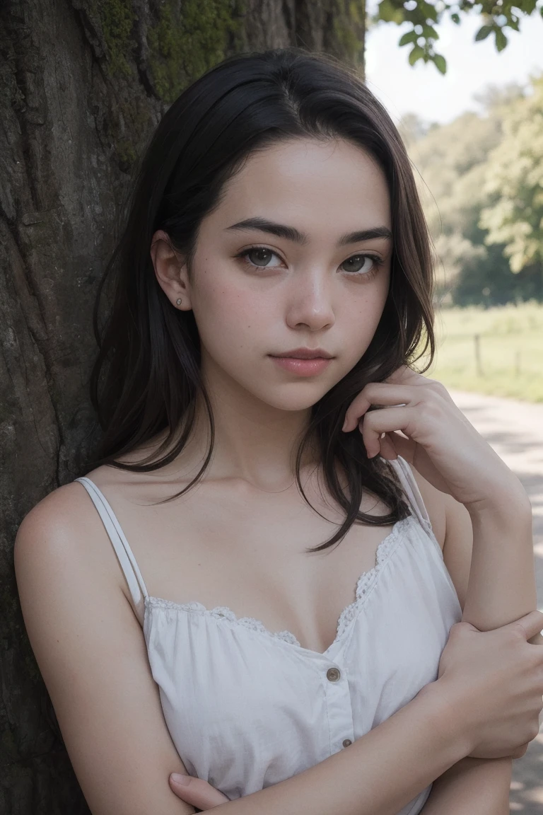 Masterpiece, white skin, textured skin, super detail, high details, high quality, 8k, nice pose, road night background, dark shadow, less light, nature light, side lighting to face beautifull ((14 years old girl))