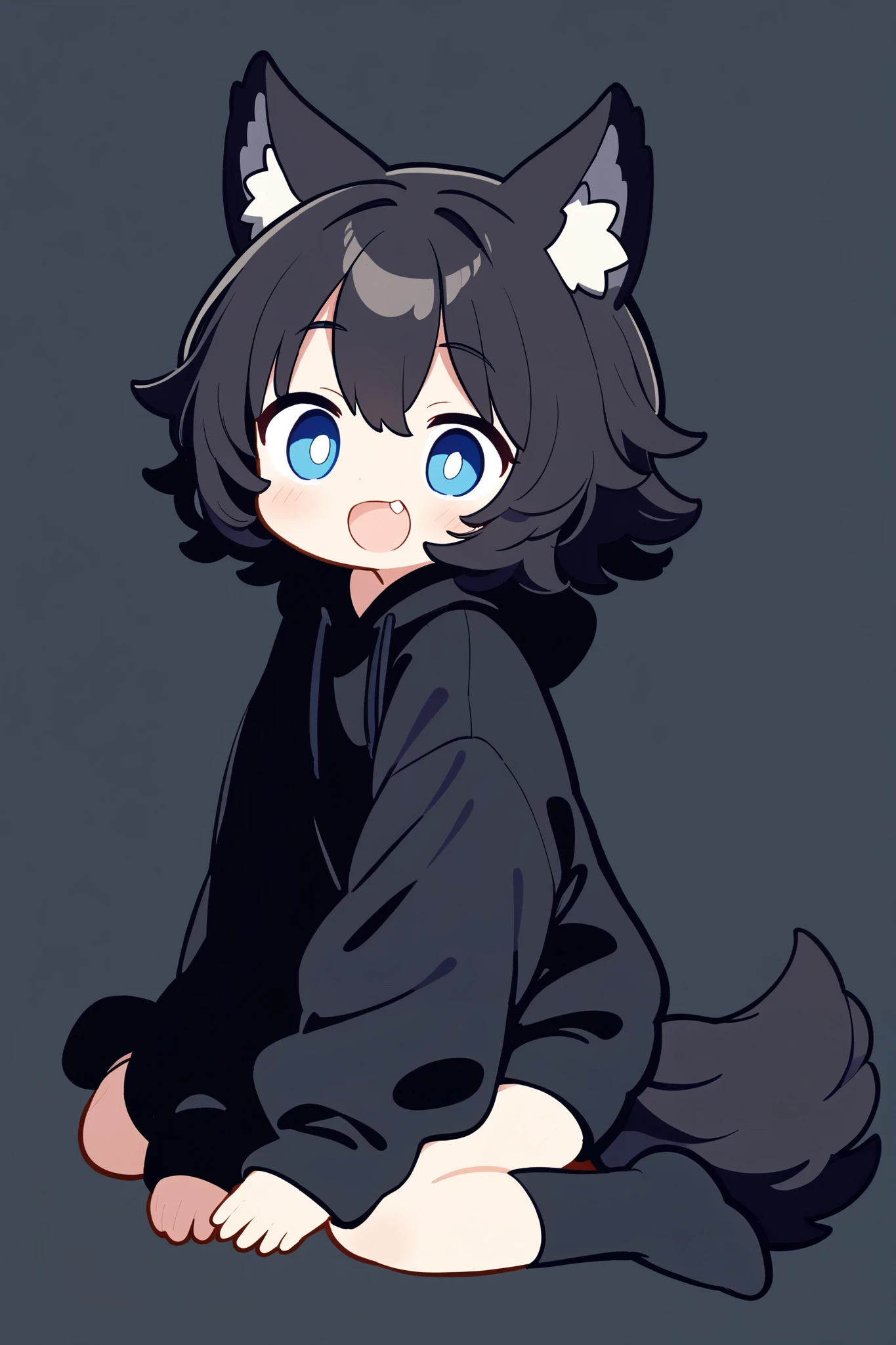 1boy, solo, short hair, wavy hair, blue eye, black hair, wolf ears, wolf tail, black hoodie, white background, simple background, :d, fang, sitting,