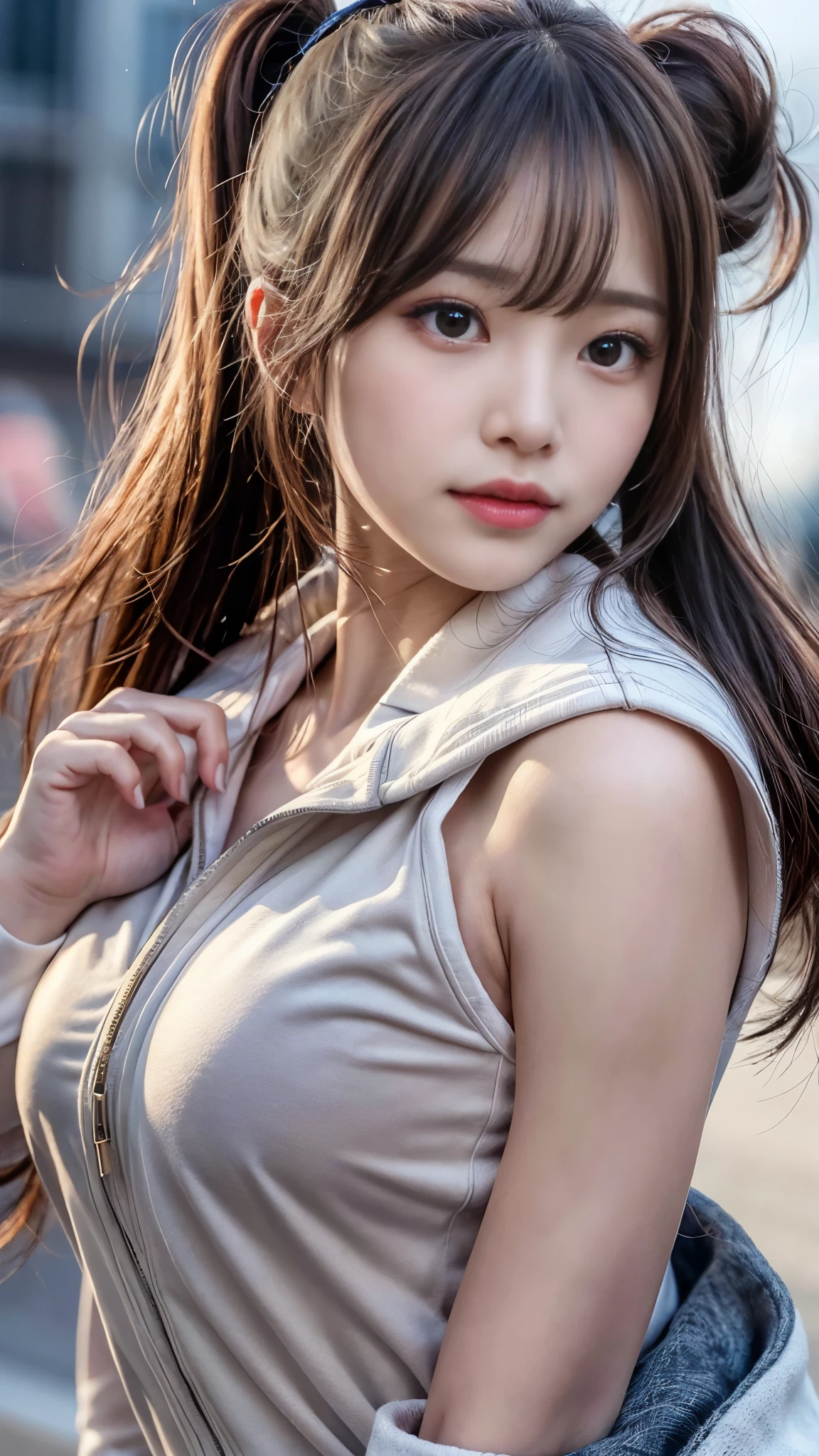 ((Girls at idle level)), masterpiece, The highest image quality, ultra-detailliert, (perfectbody:1.2), (Perfect face+dishevled hair+pony tail hair), fully body photo, Viewer's Perspective, She bent and lowered her body to match the gaze of the audience。detailed hairs,ssmile、Detailed eyes(realisticeyes),profetional lighting,Beautiful breasts,(Brown eyes),white shirt,((dark brown hair)),slenderbody,((Watch the game LIVE at Nissan Stadium))
