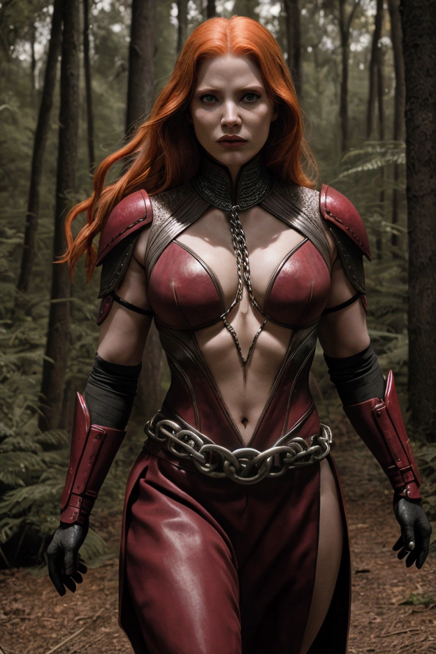 woman super villain, scarlet mortal kombat , rider fate, black-red hair,
, detaleid face, using chains power, beautiful, curvys, psycho. background  in dark forest