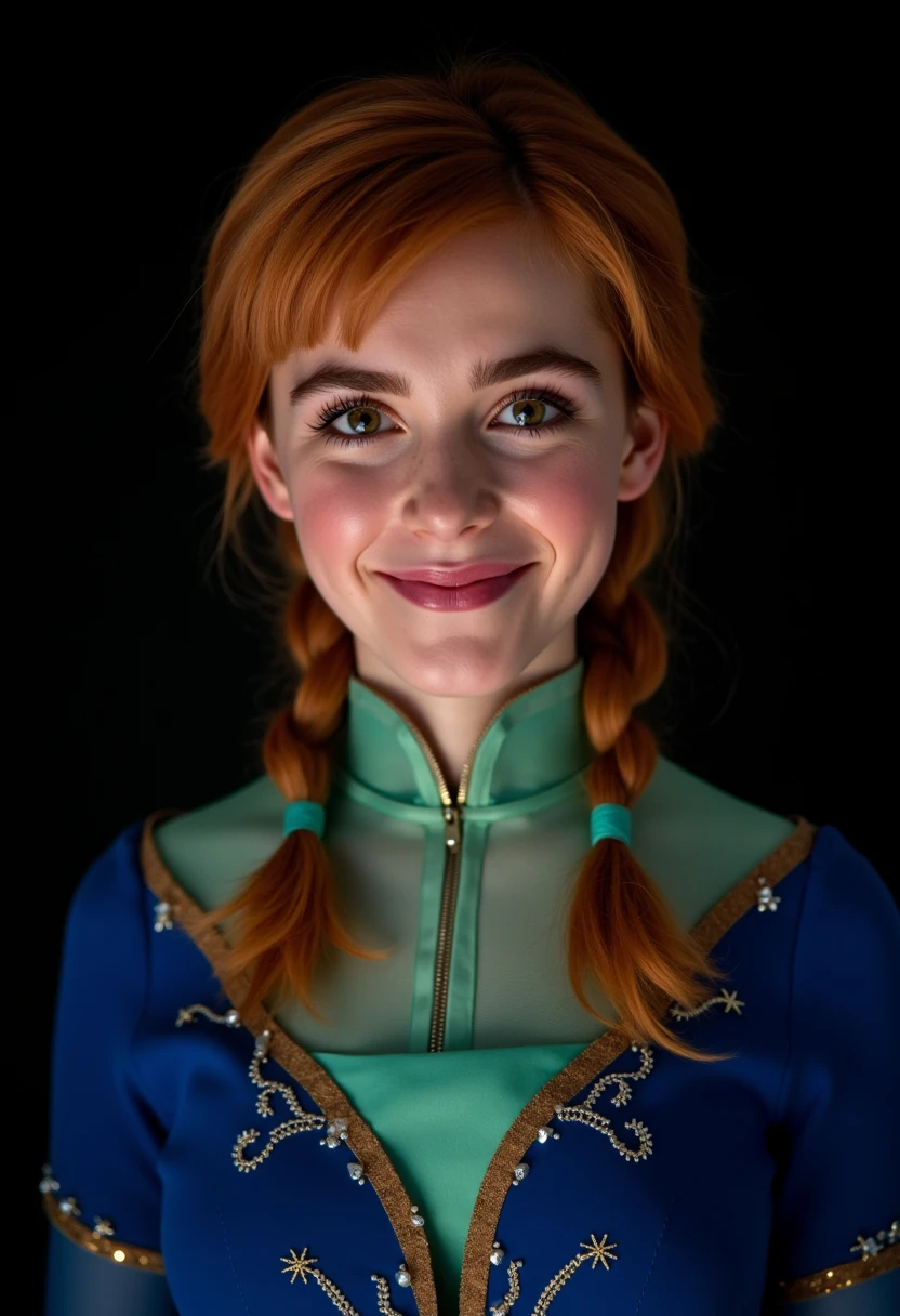 Real 4k photo: Woman dressed as Anna from Frozen smiling, black background