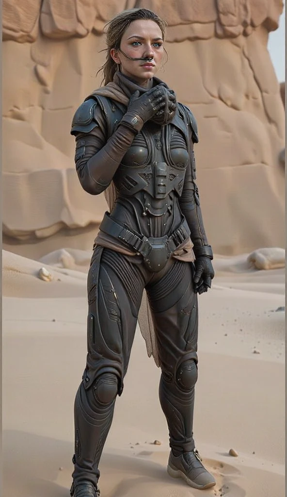 A woman standing in a desert-like environment. She is depicted wearing a stillsuit from the Dune universe with her nose piece in, the suit has a sleek, high-tech aesthetic. The suit is predominantly dark grey with neon metallic accents. It has a futuristic, biomechanical look with organic elements. The suit includes a mask which is off at the moment, and rests around her neck, suggesting a moment of contemplation or communication. Her skin is fair, and she has a slender, athletic build. Her hair is fiery bright ginger color, styled in a casual, loose manner. Her facial expression is thoughtful, with a hint of determination. She wears a pair of gloves that match the suit's color and texture. The background shows a vast, sandy landscape with eroded rock formations in warm earth tones, adding to the desolate, post-apocalyptic atmosphere. The image's lighting is natural, caustic shadows that accentuate the textures of both the suit and the environment. The overall mood is one of preparedness and isolation, blending futuristic technology with a harsh, natural setting.   