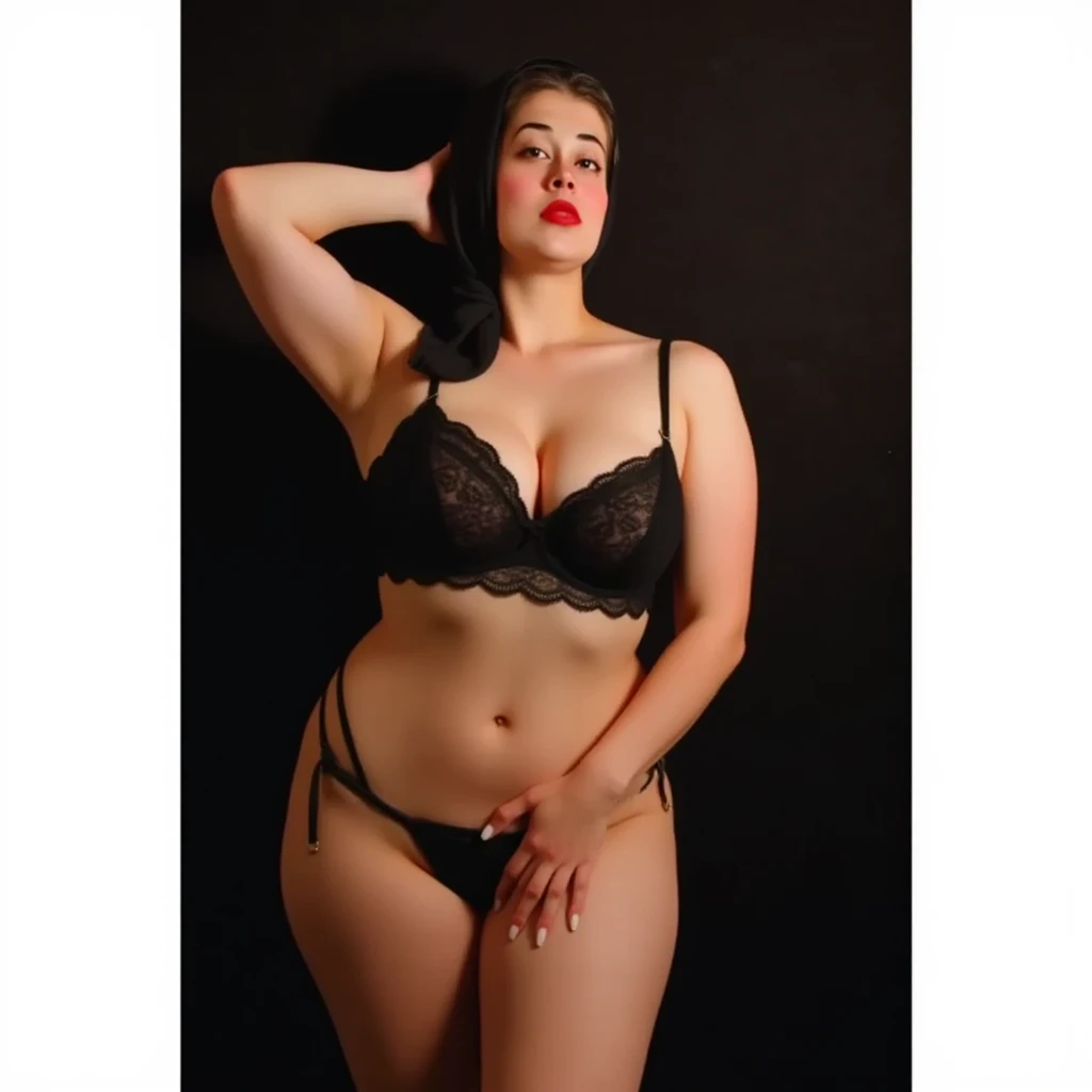 An overweight woman, big cellulite ass, in a black bra and panties posing for a photo in a bra and panties with her hands on her hips, Super flat, Kristen Koebke, Spare photo