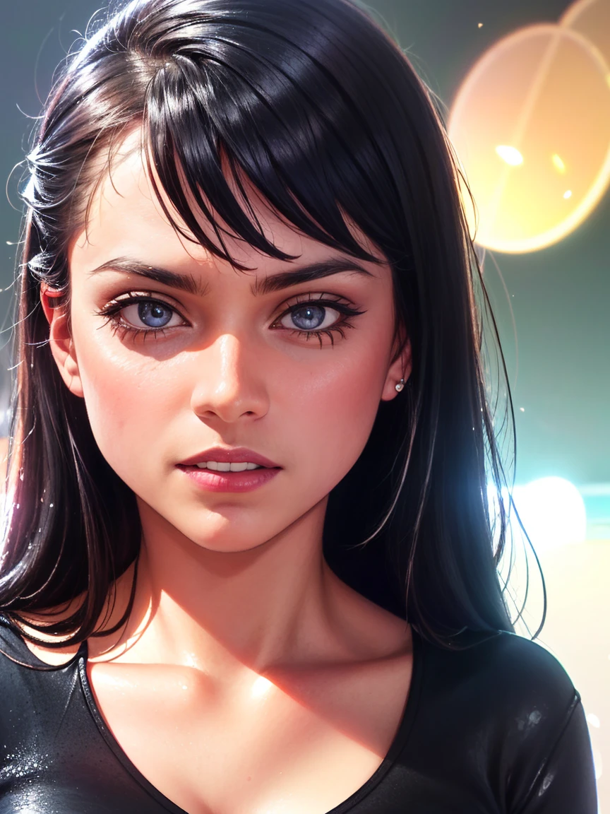 8K,  RAW photo,  Photorealistic: 1.25), ( lip gloss ,  tabs , Bright Cara,  shiny leather,  The Best Quality ,  Ultra high resolution ,  depth of field,  chromatic aberration , caustics,  Hydrated lips , Ultra-tight face, Radiant and detailed eyes,  Black hair, Semi-long, fashionable,  Slim knit dress, steep