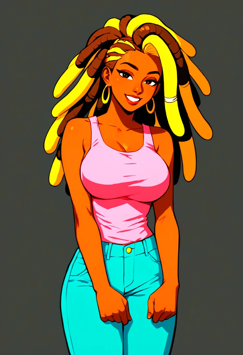 1girl, solo, black background, dark skin, pants, dark-skinned female, earrings, jewelry, green pants, smile, long hair, simple background, blonde hair, shirt, sleeveless shirt, pink shirt, looking at viewer, sleeveless, flat color, tank top, feet out of frame, pink tank top, standing, open mouth, breasts, brown eyes, arms at sides, bare shoulders, teeth, blue pants, very dark skin, multicolored hair, orange hair, black eyes, straight hair, dreadlocks, brown hair, medium breasts, style parody, half-closed eyes, makeup, bare arms, straight-on, grin, a_Comic_Illustration, rough lines with ink, drawn, sketch, crosshatching, comic style, graphic novel style, sharp lines, hires, zstyle, (western comics \(style\):1.1), hatching \(texture\, zPDXL, Mr_Monster_Possitive, 